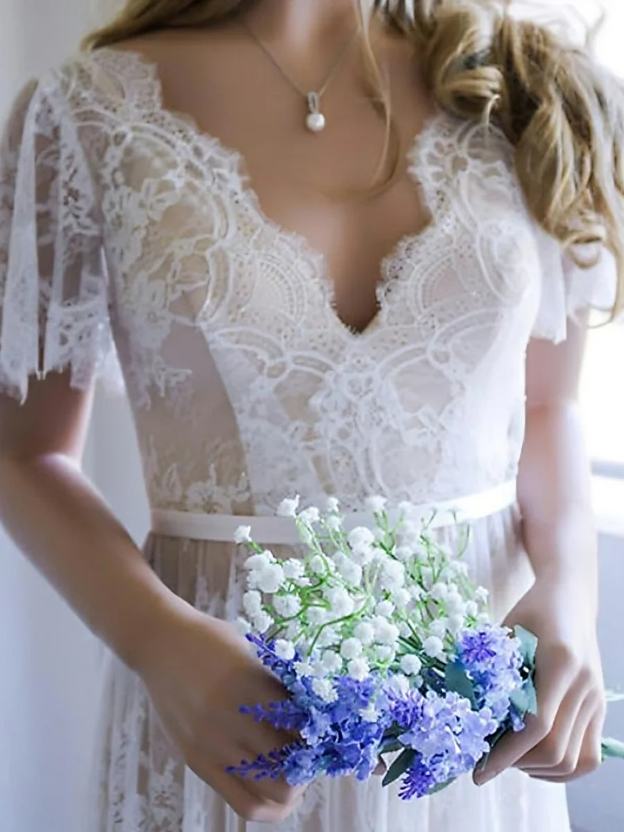 Boho A-Line/Princess V-Neck Short Sleeves Lace Beach Wedding Dress with Appliques - Image 3