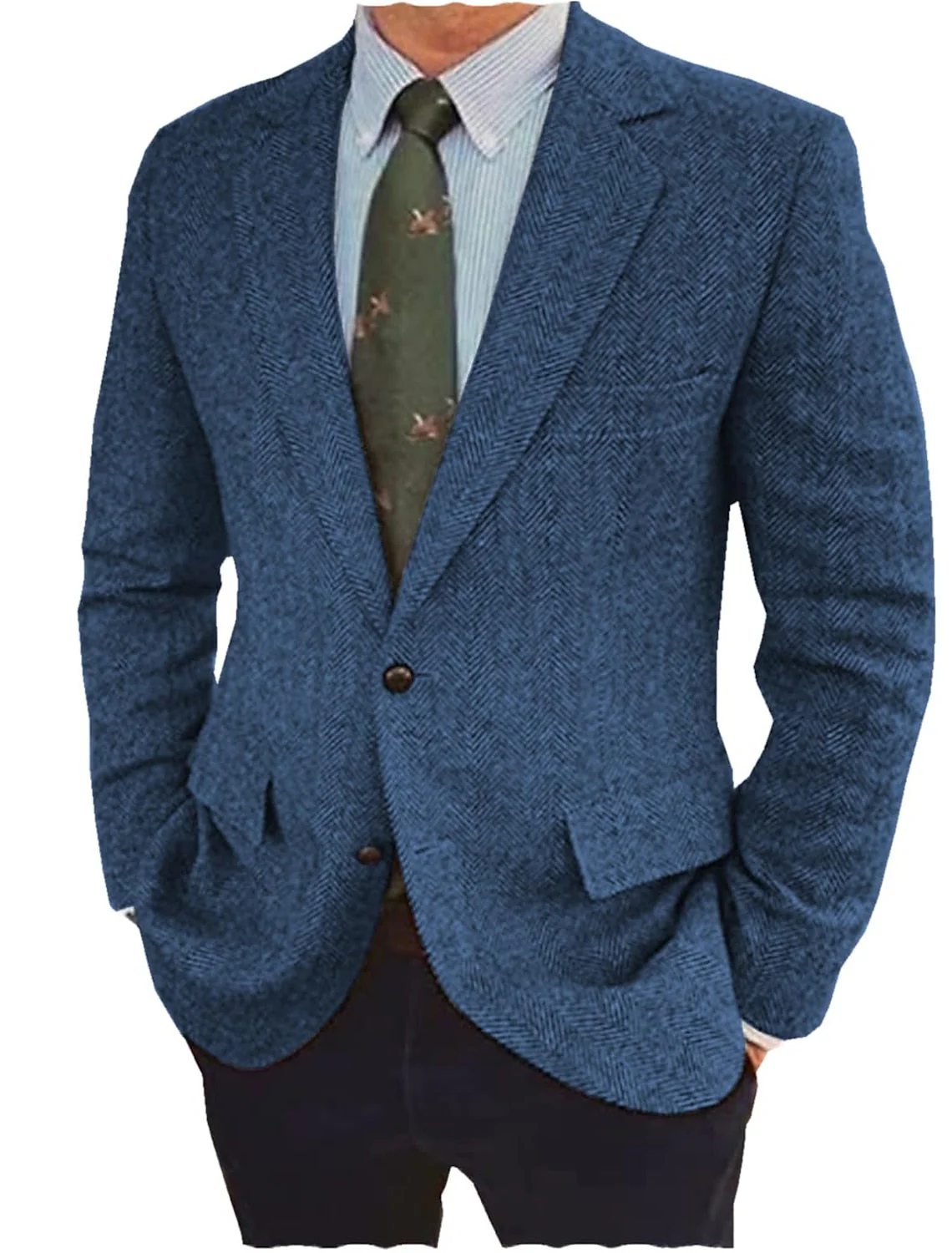 Brown Blue Men's Tailored Fit Single Breasted Two-buttons Tweed Casual Jacket - Image 2