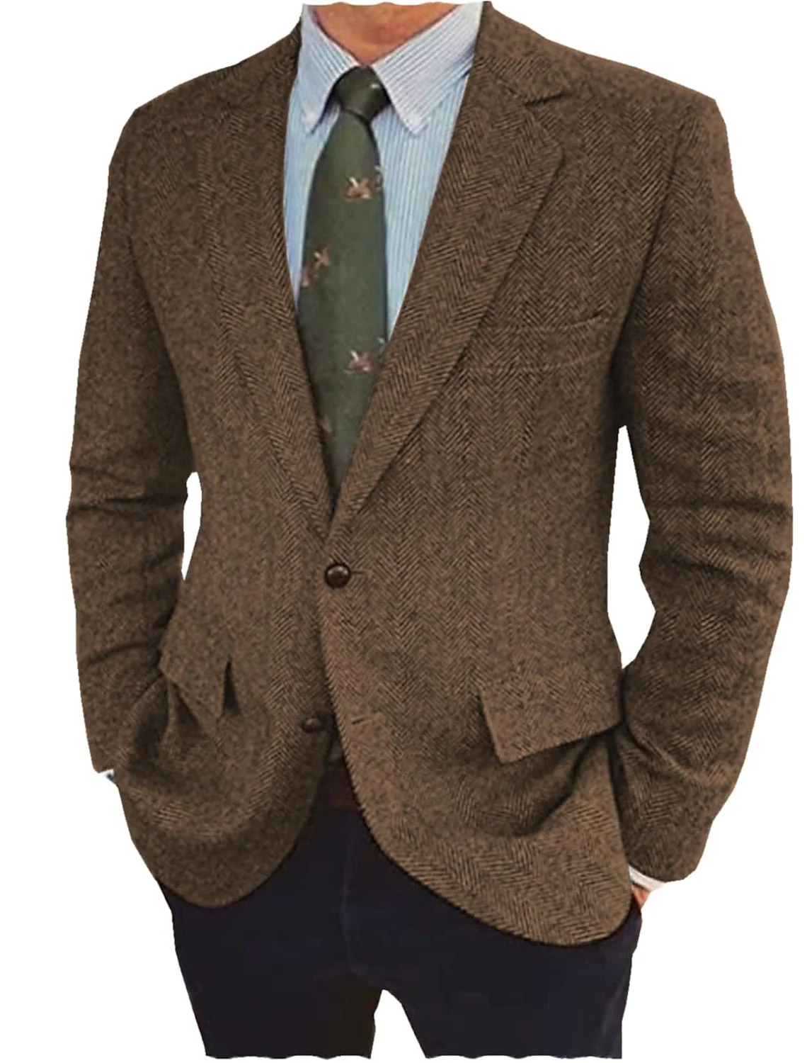 Brown Blue Men's Tailored Fit Single Breasted Two-buttons Tweed Casual Jacket - Image 3