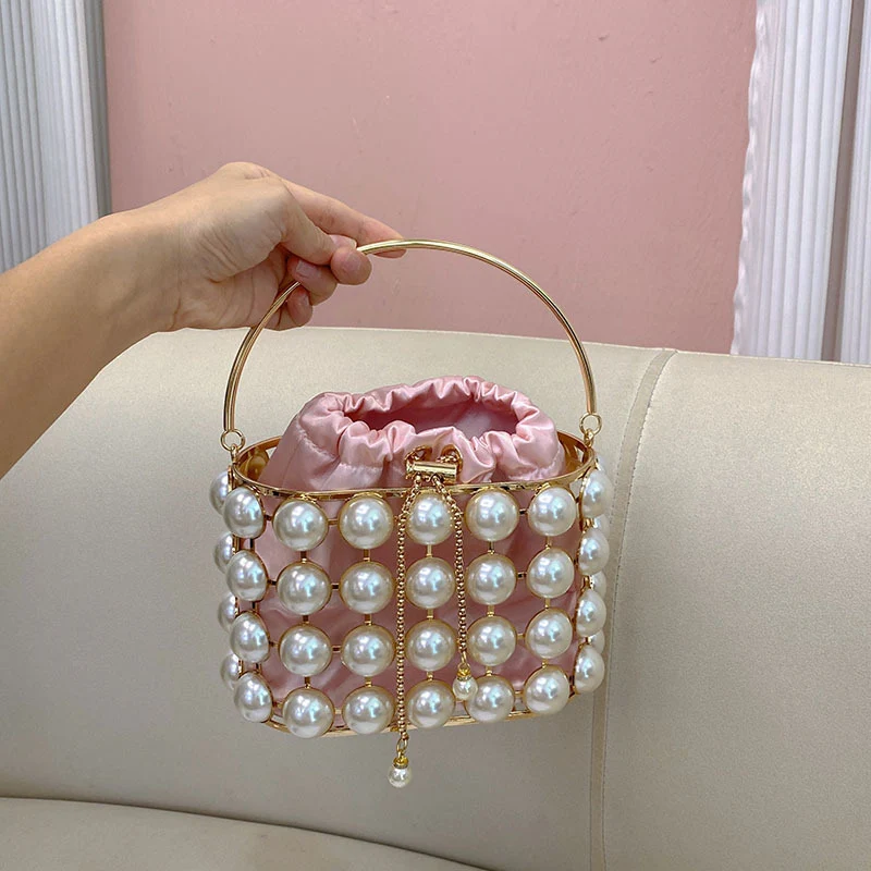Champagne Elegant Velvet Wedding Party Evening Chain Clutch Bag with White Pearls - Image 12