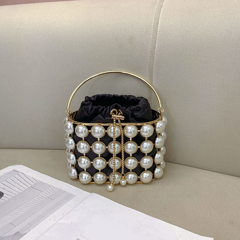 Champagne Elegant Velvet Wedding Party Evening Chain Clutch Bag with White Pearls - Image 18