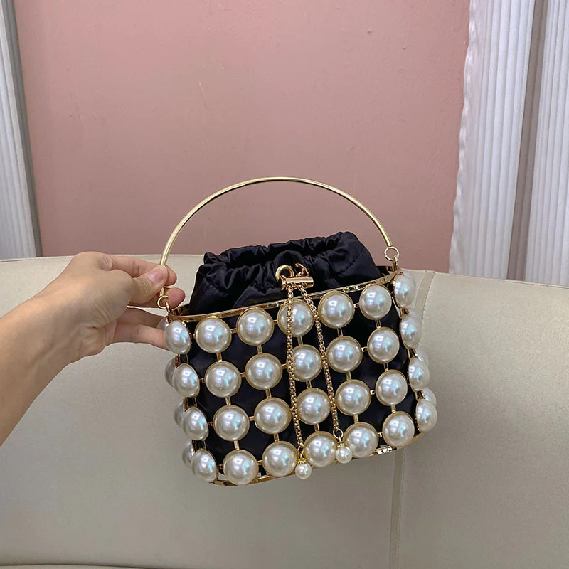 Champagne Elegant Velvet Wedding Party Evening Chain Clutch Bag with White Pearls - Image 20