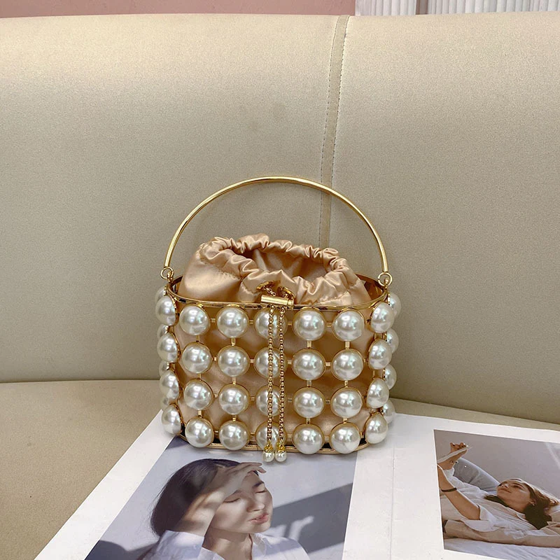Champagne Elegant Velvet Wedding Party Evening Chain Clutch Bag with White Pearls - Image 3