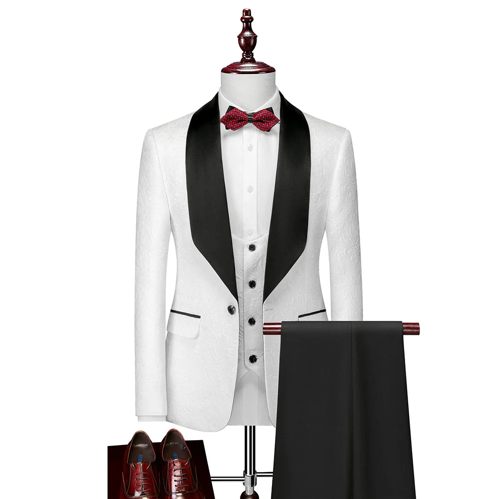 Champagne Pink Red White Black Men's Tailored Fit Single Breasted One-button 3 Pieces Patterned Wedding Suits - Image 2