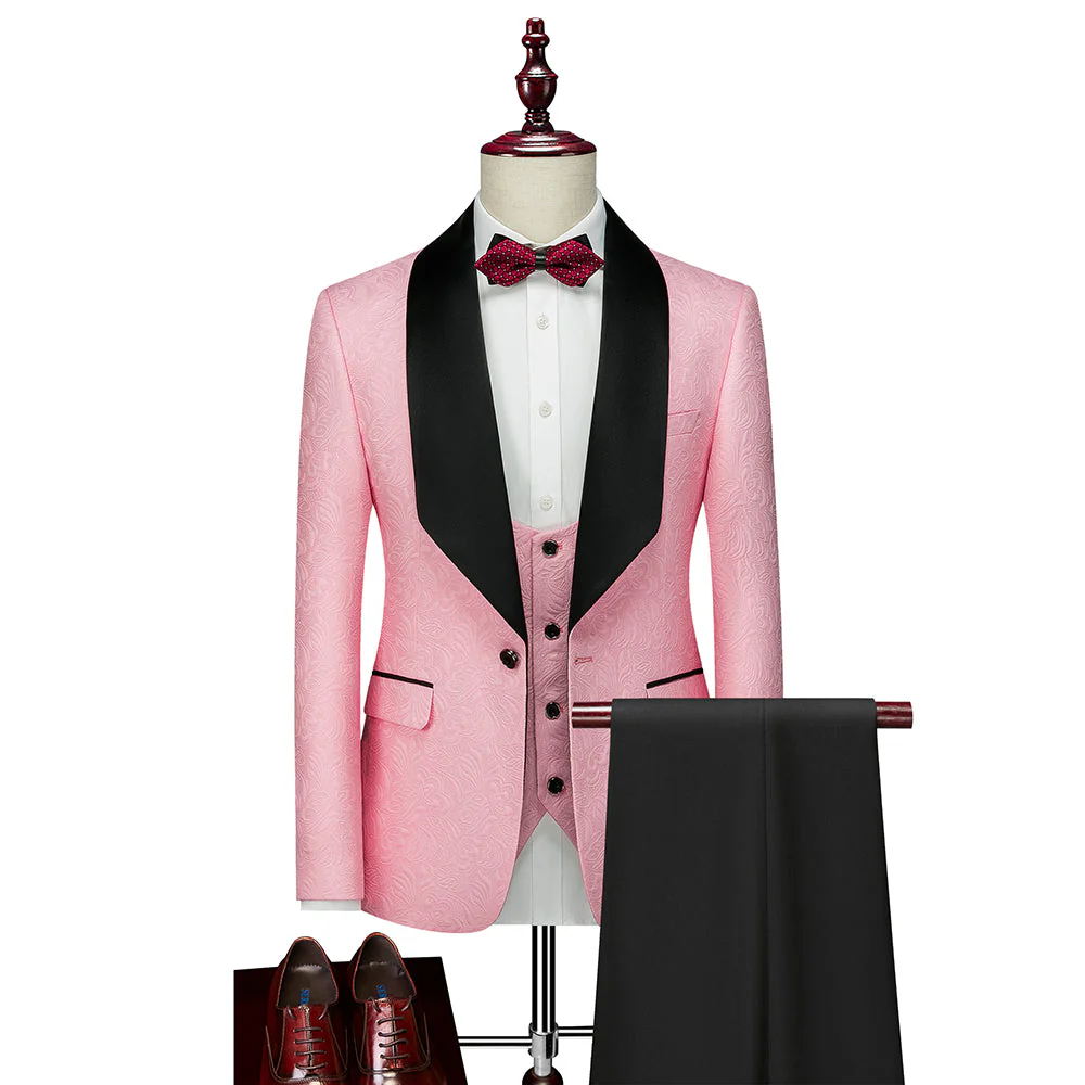 Champagne Pink Red White Black Men's Tailored Fit Single Breasted One-button 3 Pieces Patterned Wedding Suits - Image 3