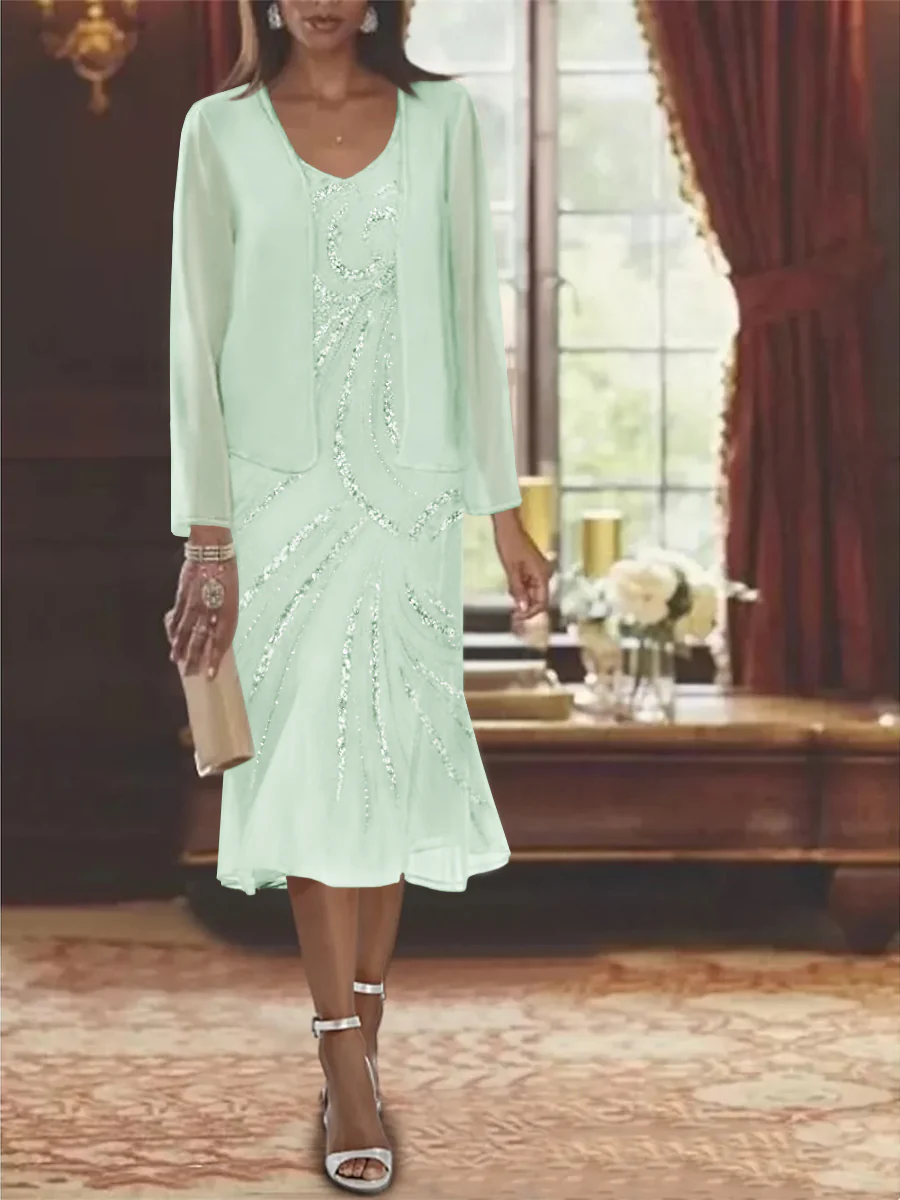 Chiffon 2 Pieces V-Neck Knee-Length Mother of the Bride Dresses with Jacket & Sequins Beading - Image 11