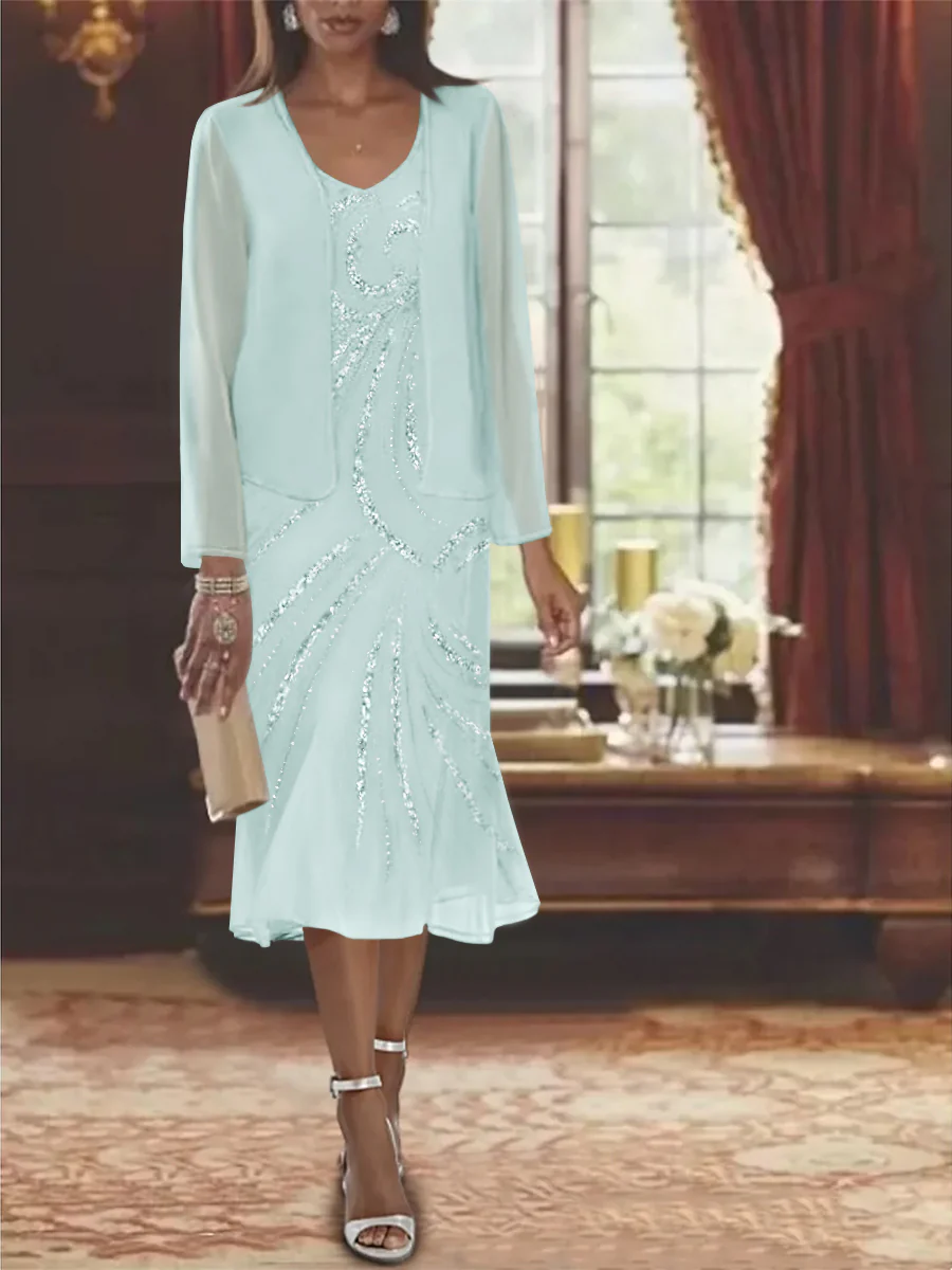 Chiffon 2 Pieces V-Neck Knee-Length Mother of the Bride Dresses with Jacket & Sequins Beading - Image 12