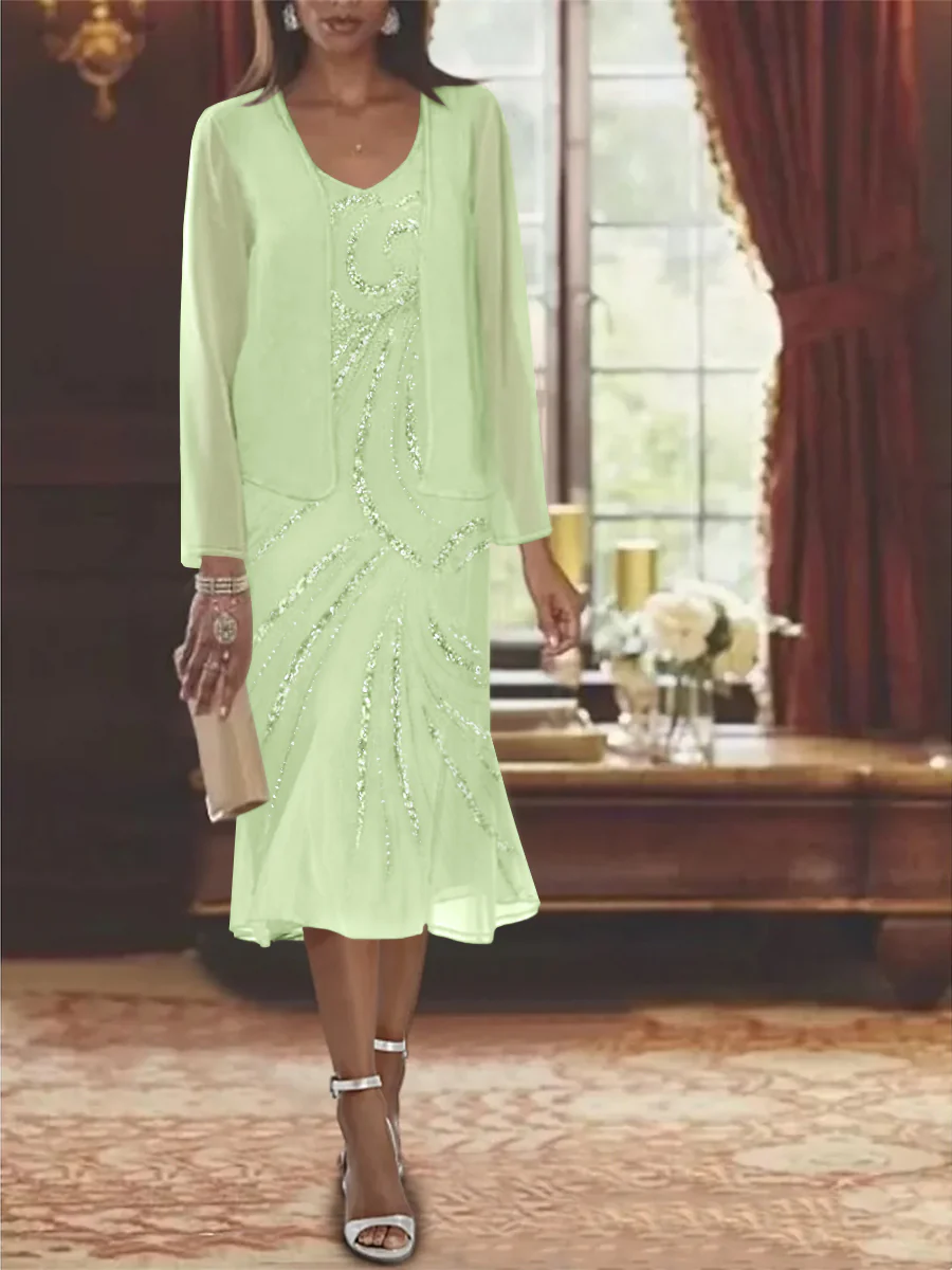 Chiffon 2 Pieces V-Neck Knee-Length Mother of the Bride Dresses with Jacket & Sequins Beading - Image 19