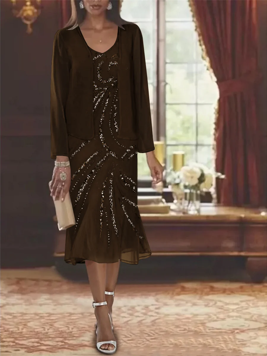 Chiffon 2 Pieces V-Neck Knee-Length Mother of the Bride Dresses with Jacket & Sequins Beading - Image 21
