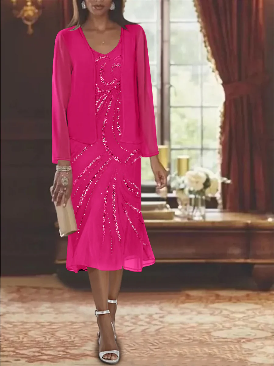 Chiffon 2 Pieces V-Neck Knee-Length Mother of the Bride Dresses with Jacket & Sequins Beading - Image 27