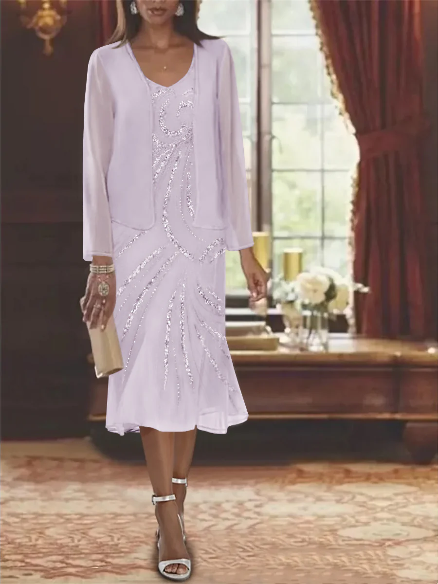 Chiffon 2 Pieces V-Neck Knee-Length Mother of the Bride Dresses with Jacket & Sequins Beading - Image 34