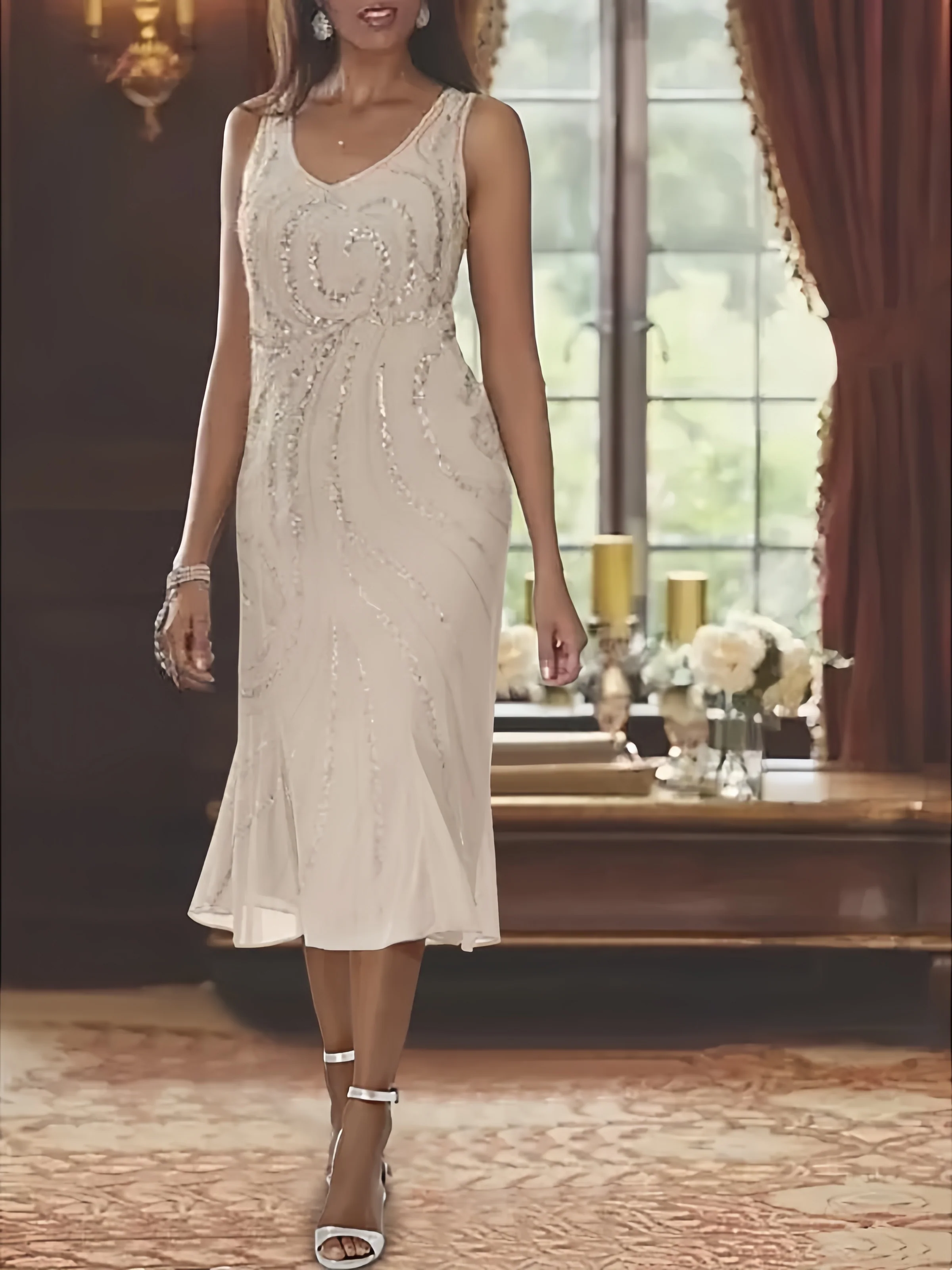 Chiffon 2 Pieces V-Neck Knee-Length Mother of the Bride Dresses with Jacket & Sequins Beading - Image 4