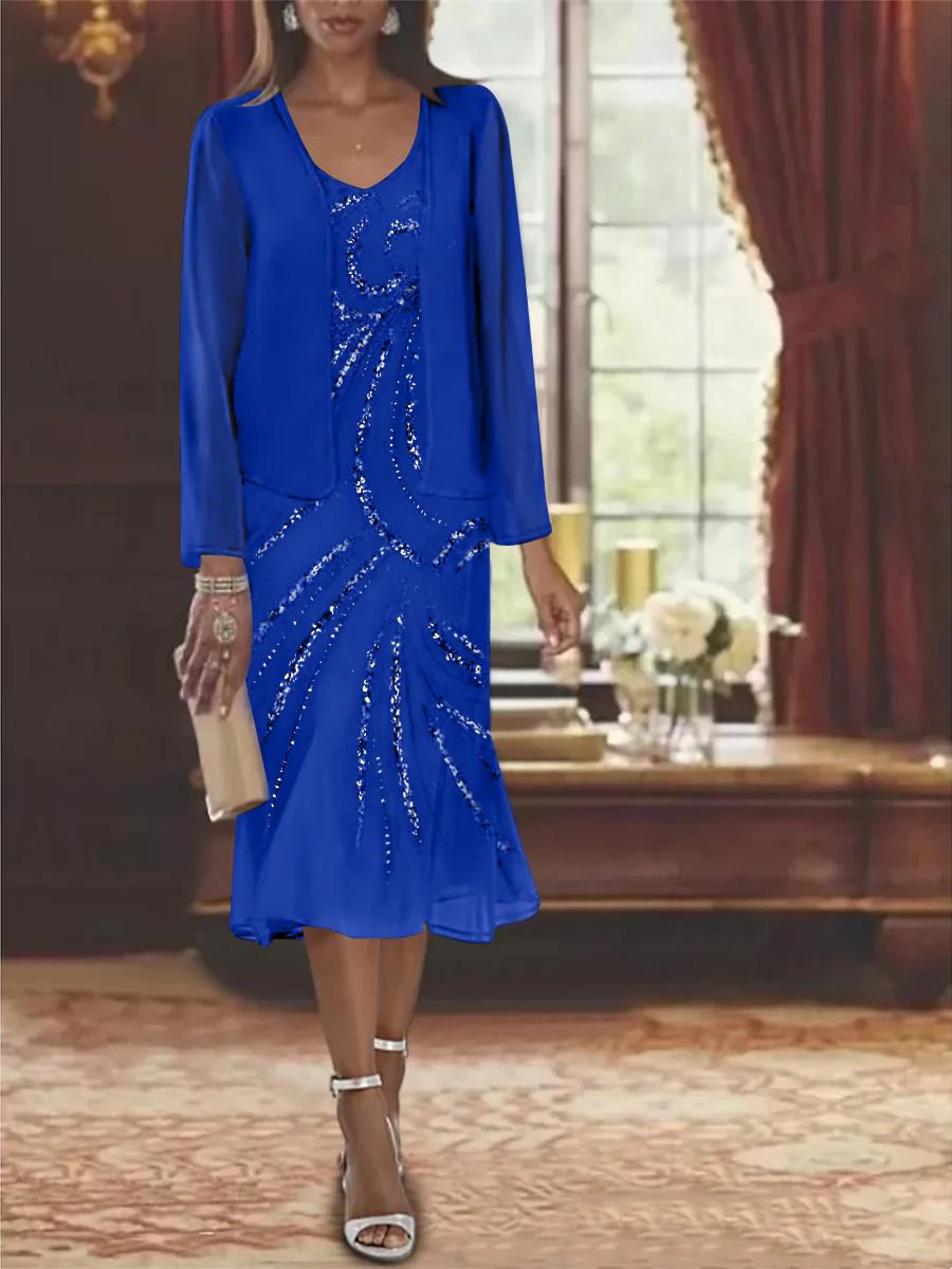 Chiffon 2 Pieces V-Neck Knee-Length Mother of the Bride Dresses with Jacket & Sequins Beading - Image 46