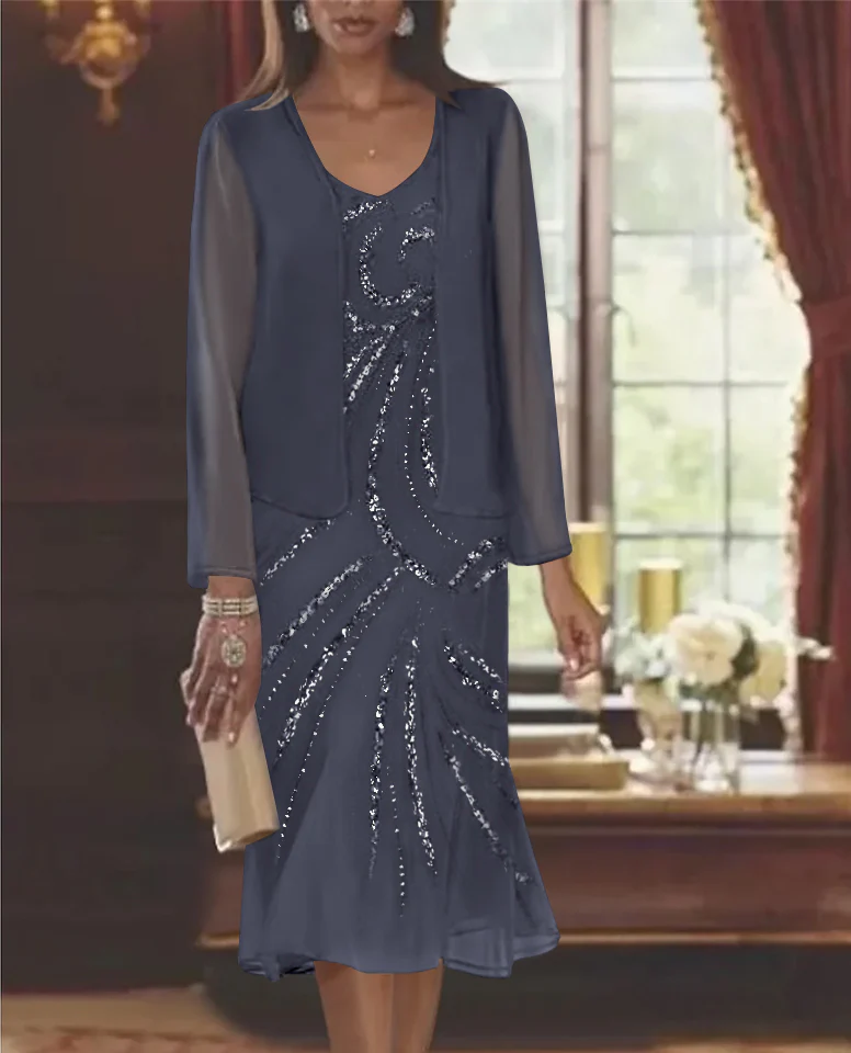 Chiffon 2 Pieces V-Neck Knee-Length Mother of the Bride Dresses with Jacket & Sequins Beading - Image 56