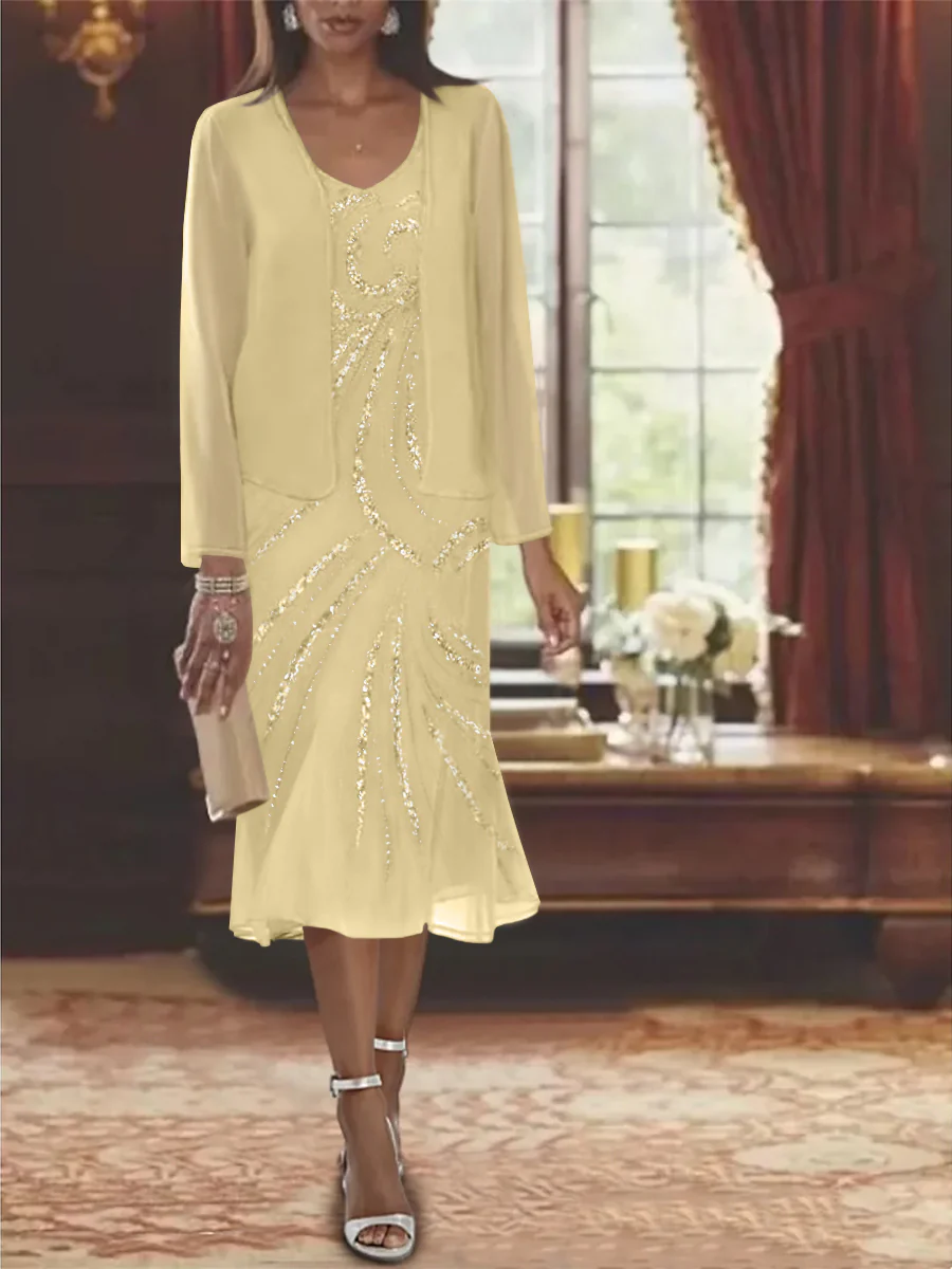Chiffon 2 Pieces V-Neck Knee-Length Mother of the Bride Dresses with Jacket & Sequins Beading - Image 7