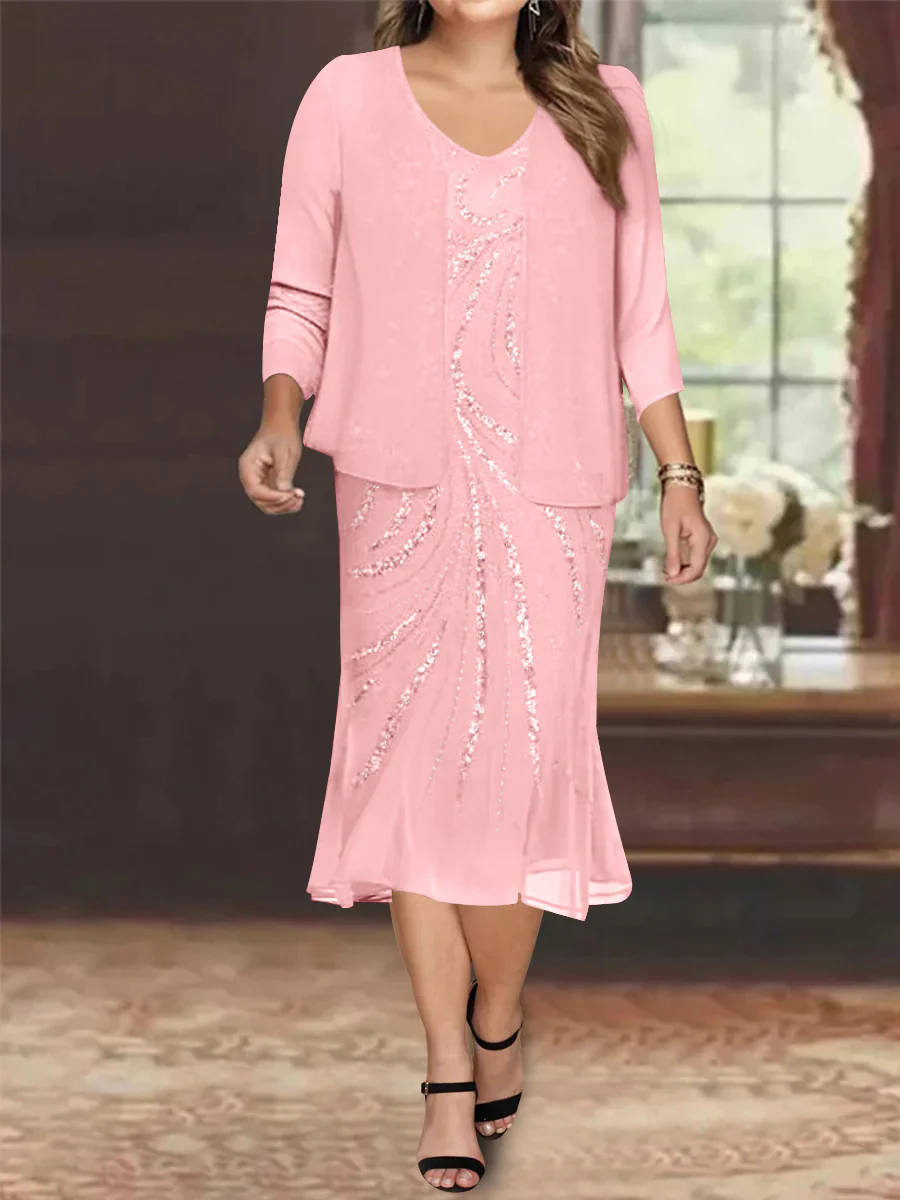 Chiffon 2 Pieces V-Neck Knee-Length Plus Size Mother of the Bride Dresses with Jacket & Sequins Beading - Image 12