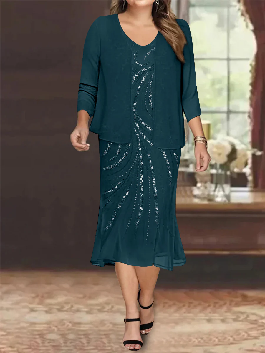 Chiffon 2 Pieces V-Neck Knee-Length Plus Size Mother of the Bride Dresses with Jacket & Sequins Beading - Image 27