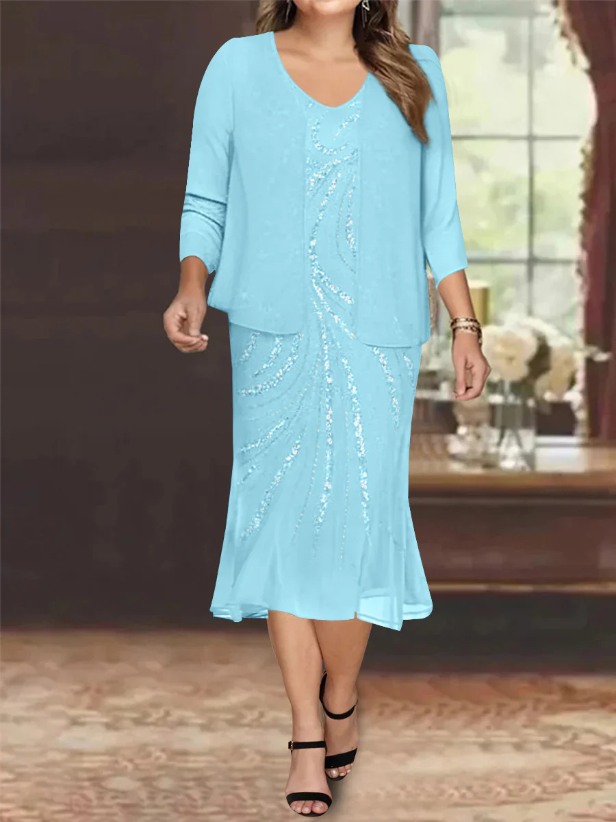 Chiffon 2 Pieces V-Neck Knee-Length Plus Size Mother of the Bride Dresses with Jacket & Sequins Beading - Image 29