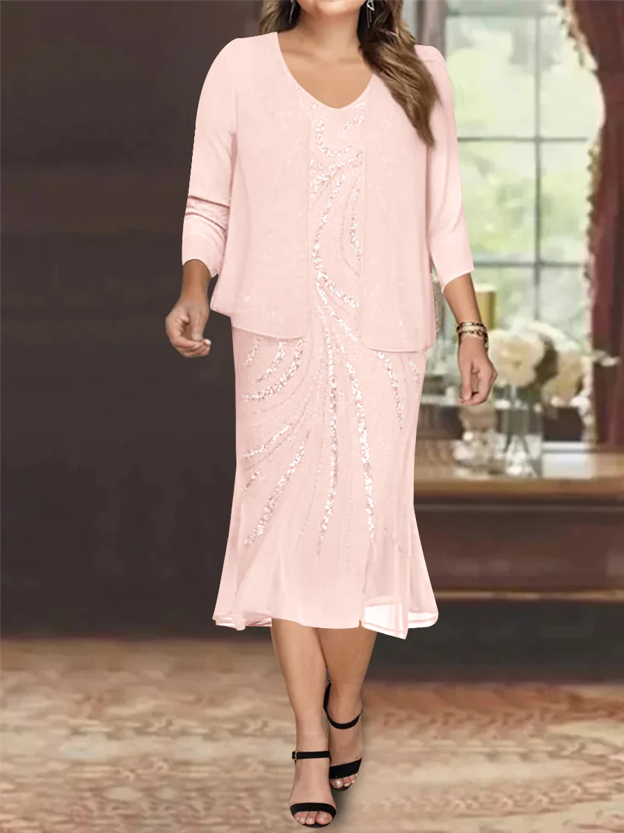 Chiffon 2 Pieces V-Neck Knee-Length Plus Size Mother of the Bride Dresses with Jacket & Sequins Beading - Image 37