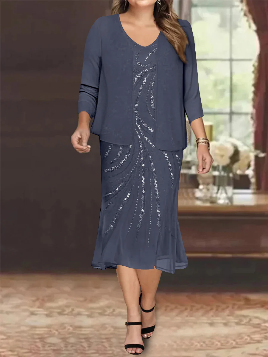 Chiffon 2 Pieces V-Neck Knee-Length Plus Size Mother of the Bride Dresses with Jacket & Sequins Beading - Image 47