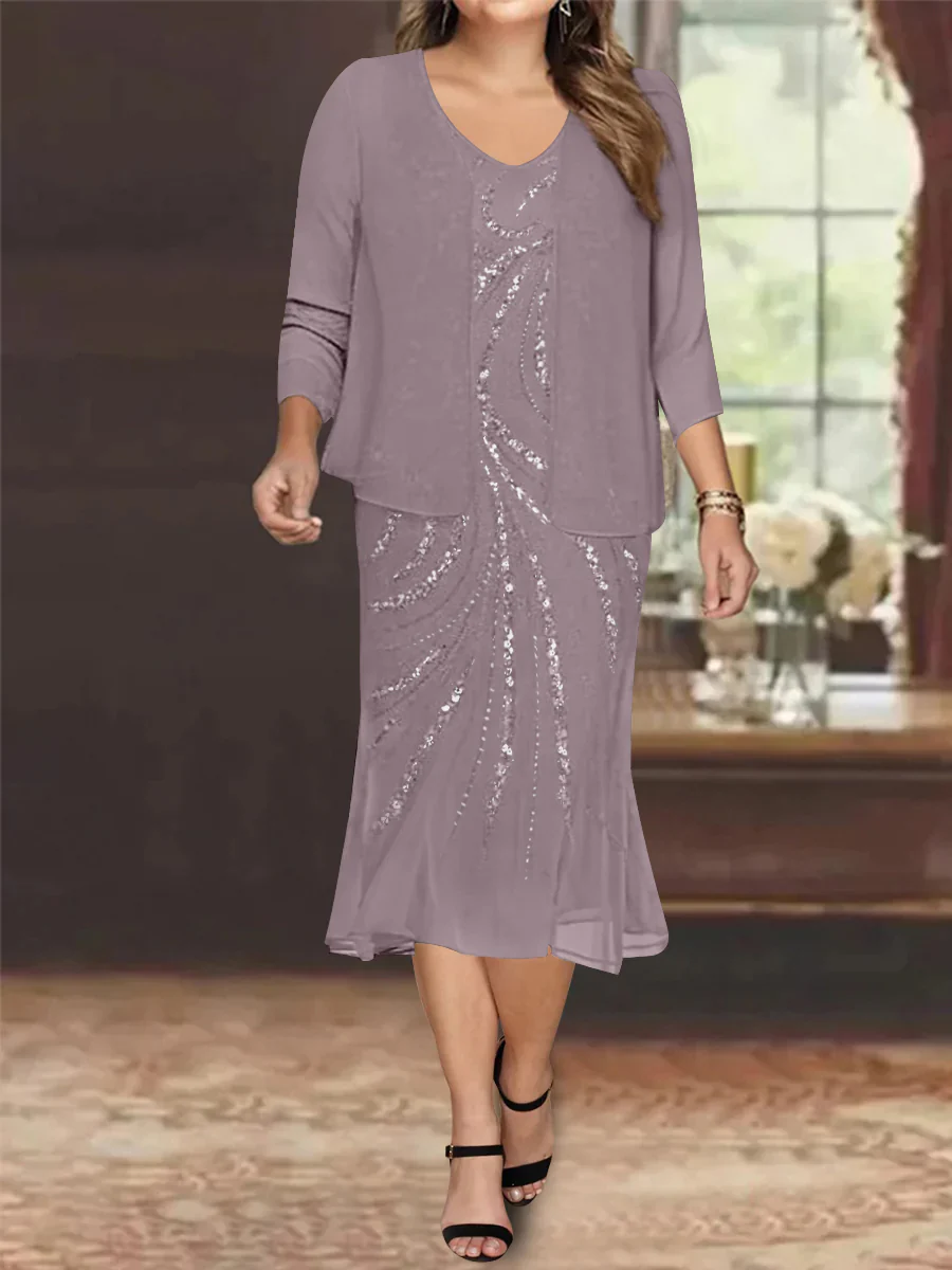 Chiffon 2 Pieces V-Neck Knee-Length Plus Size Mother of the Bride Dresses with Jacket & Sequins Beading - Image 5