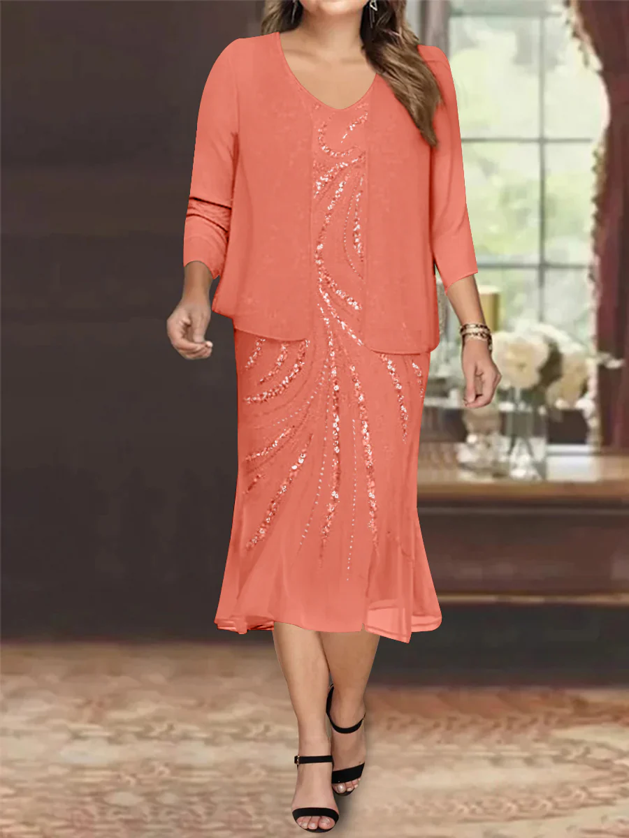 Chiffon 2 Pieces V-Neck Knee-Length Plus Size Mother of the Bride Dresses with Jacket & Sequins Beading - Image 50