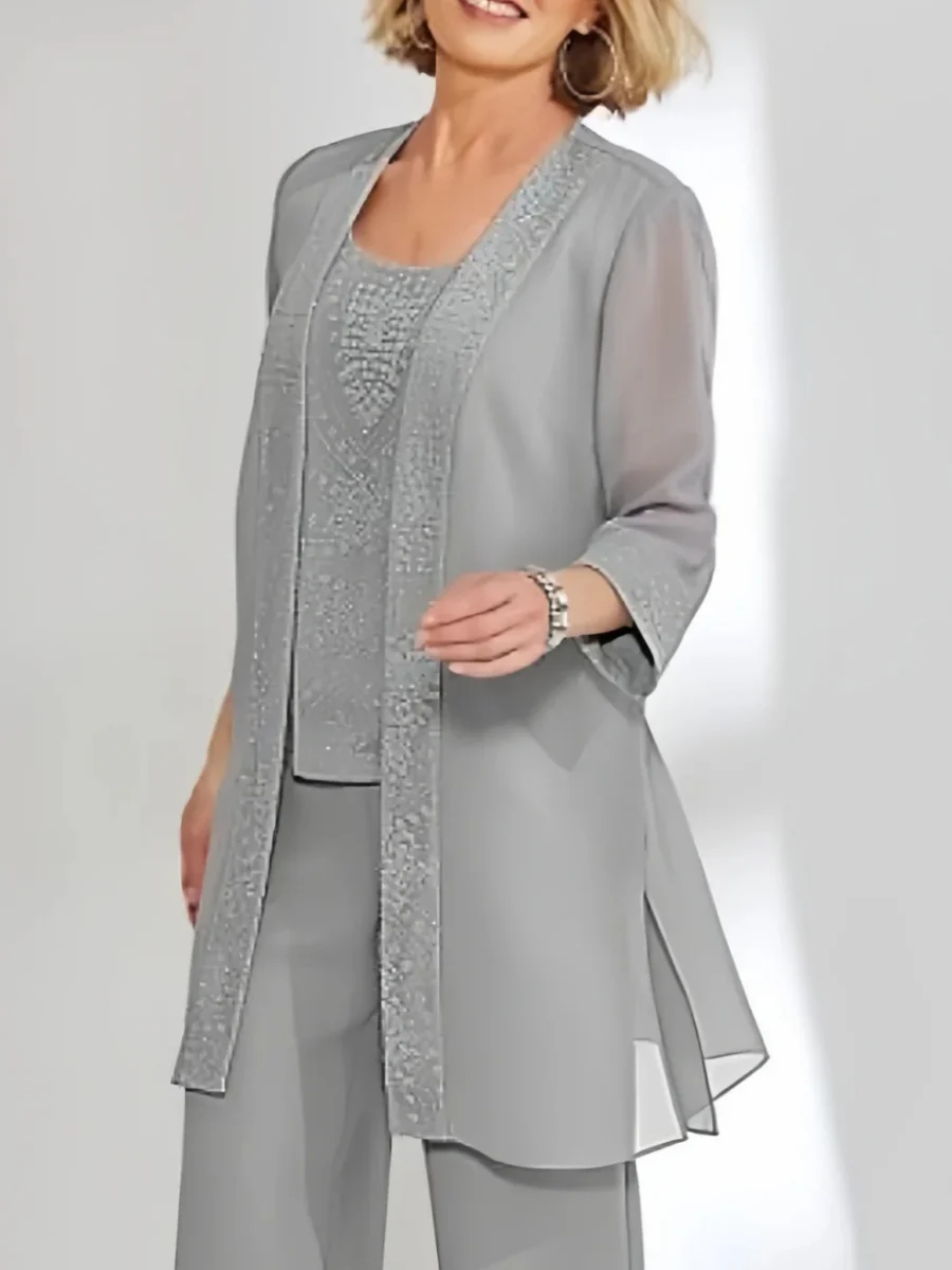 Chiffon 3/4 Sleeves Jacket Sequins Wraps Pure Color