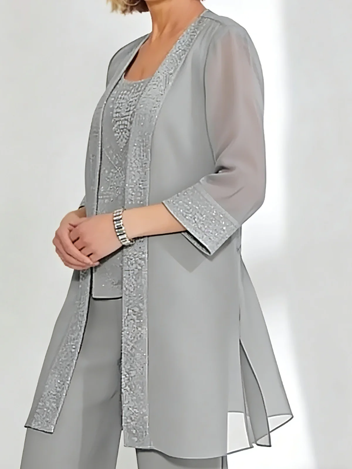 Chiffon 3/4 Sleeves Jacket Sequins Wraps Pure Color - Image 3