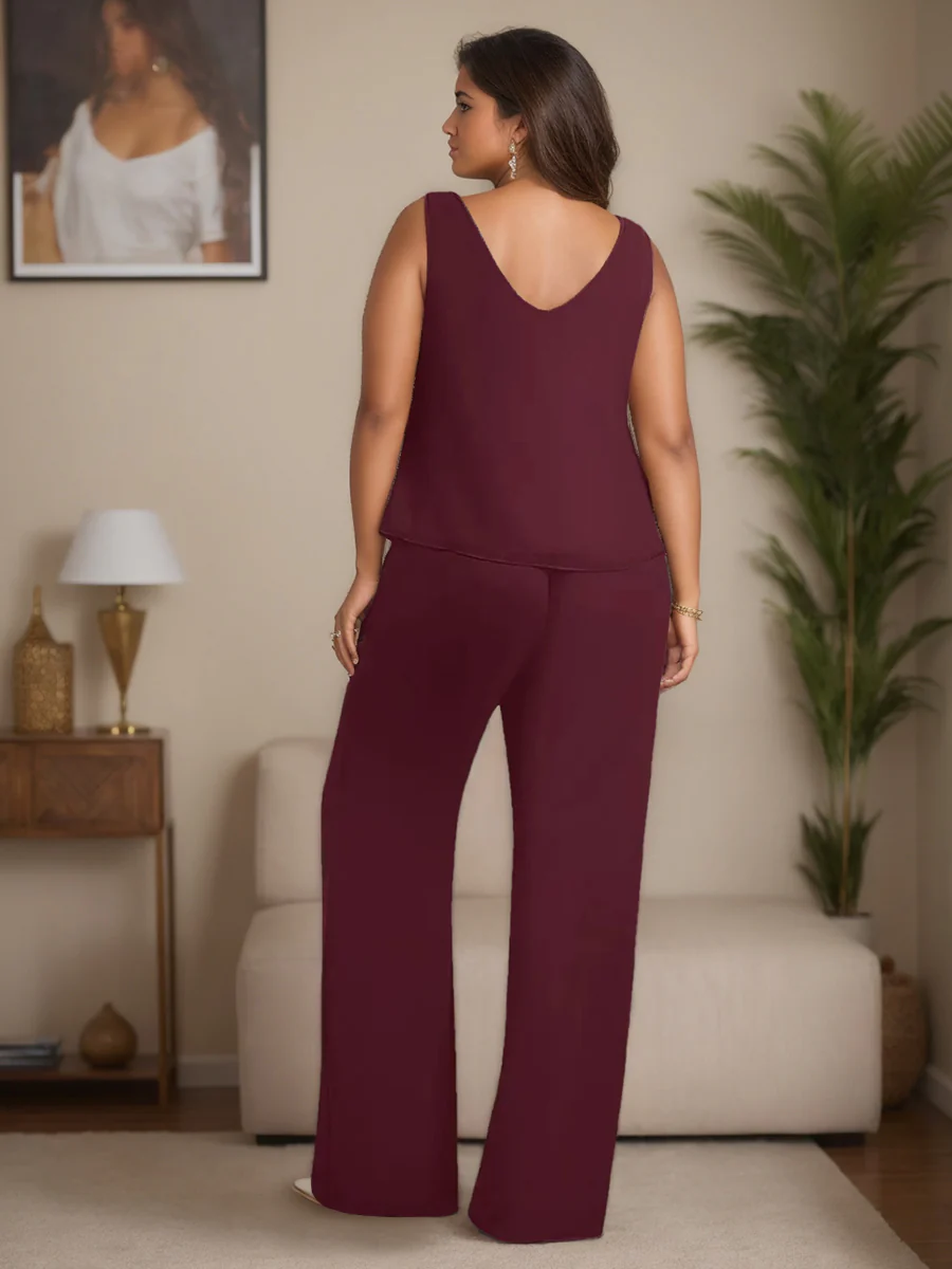 Chiffon 3 Pieces Scoop Neck 3/4 Length Sleeves Floor-Length Plus Size Mother Of The Bride Pantsuits With Jacket, Lace, Beaded & Sequins - Image 4