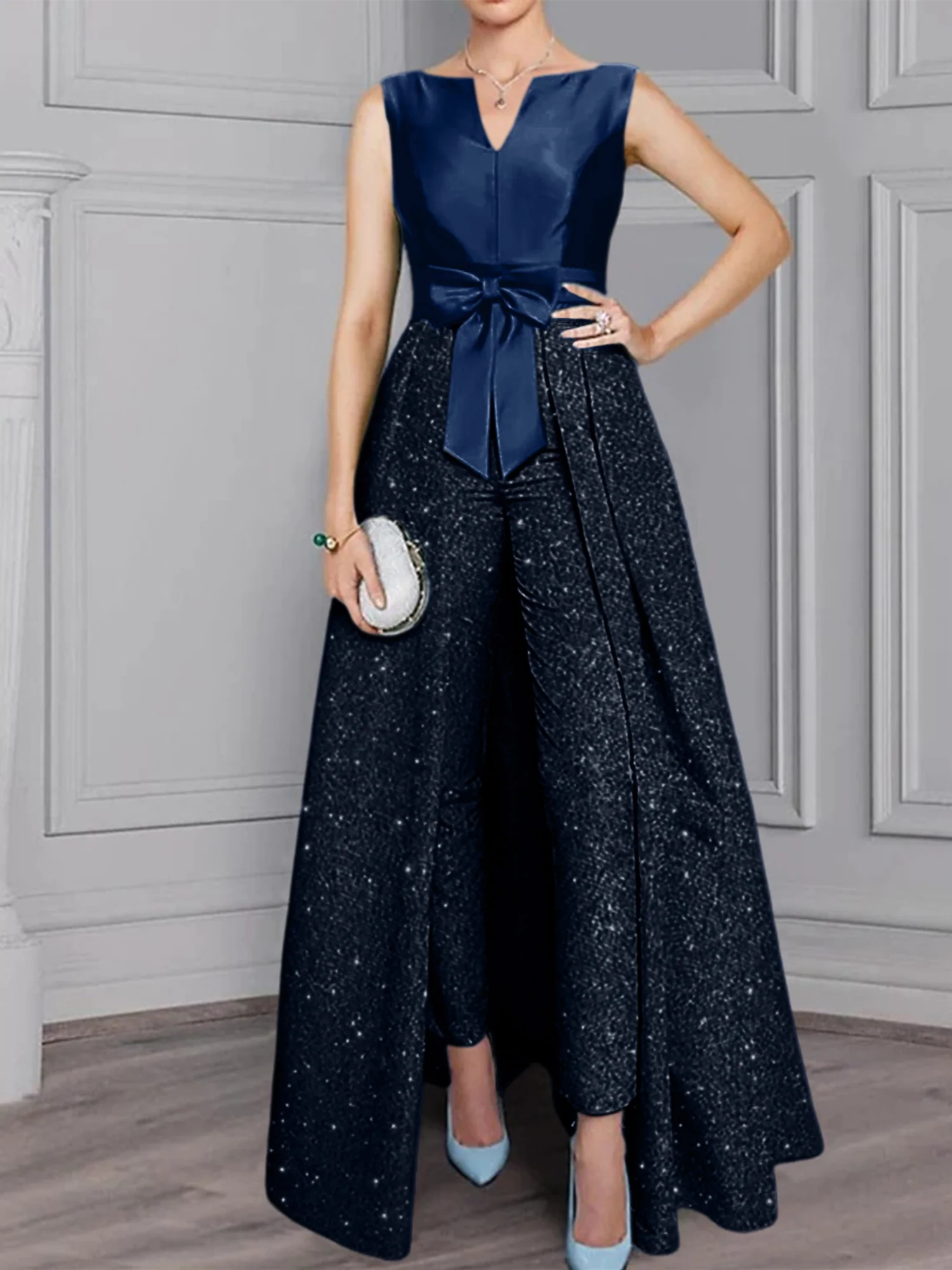 2 Pieces Scoop Long Sleeves Mother of the Bride Pantsuits with Sash & Sequins - Image 10