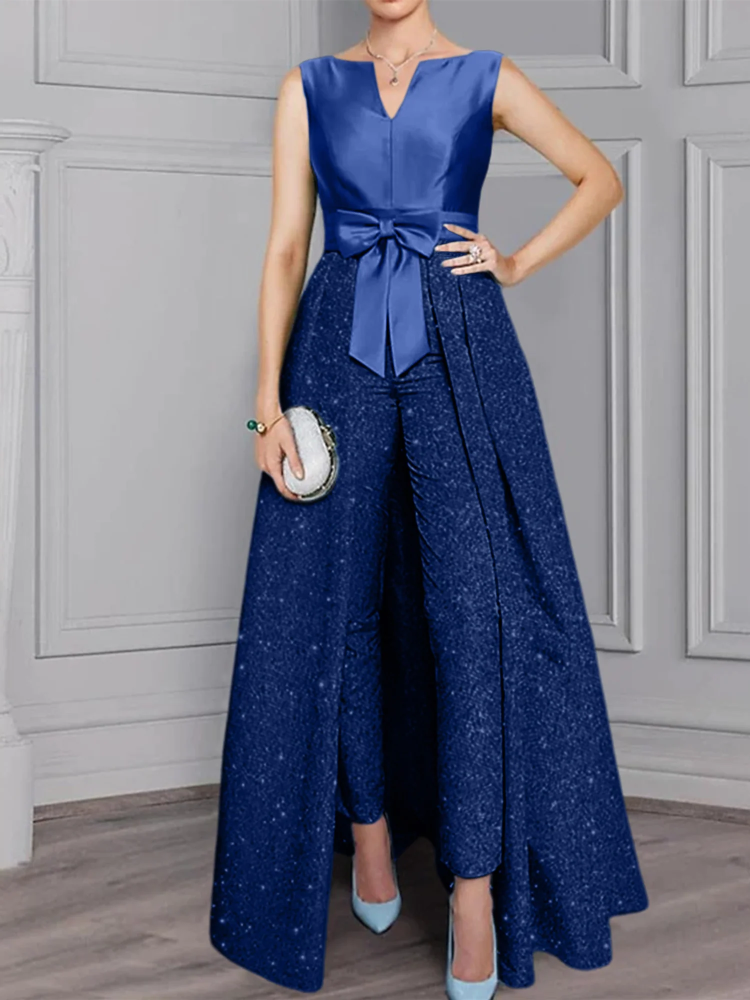 2 Pieces Scoop Long Sleeves Mother of the Bride Pantsuits with Sash & Sequins - Image 11