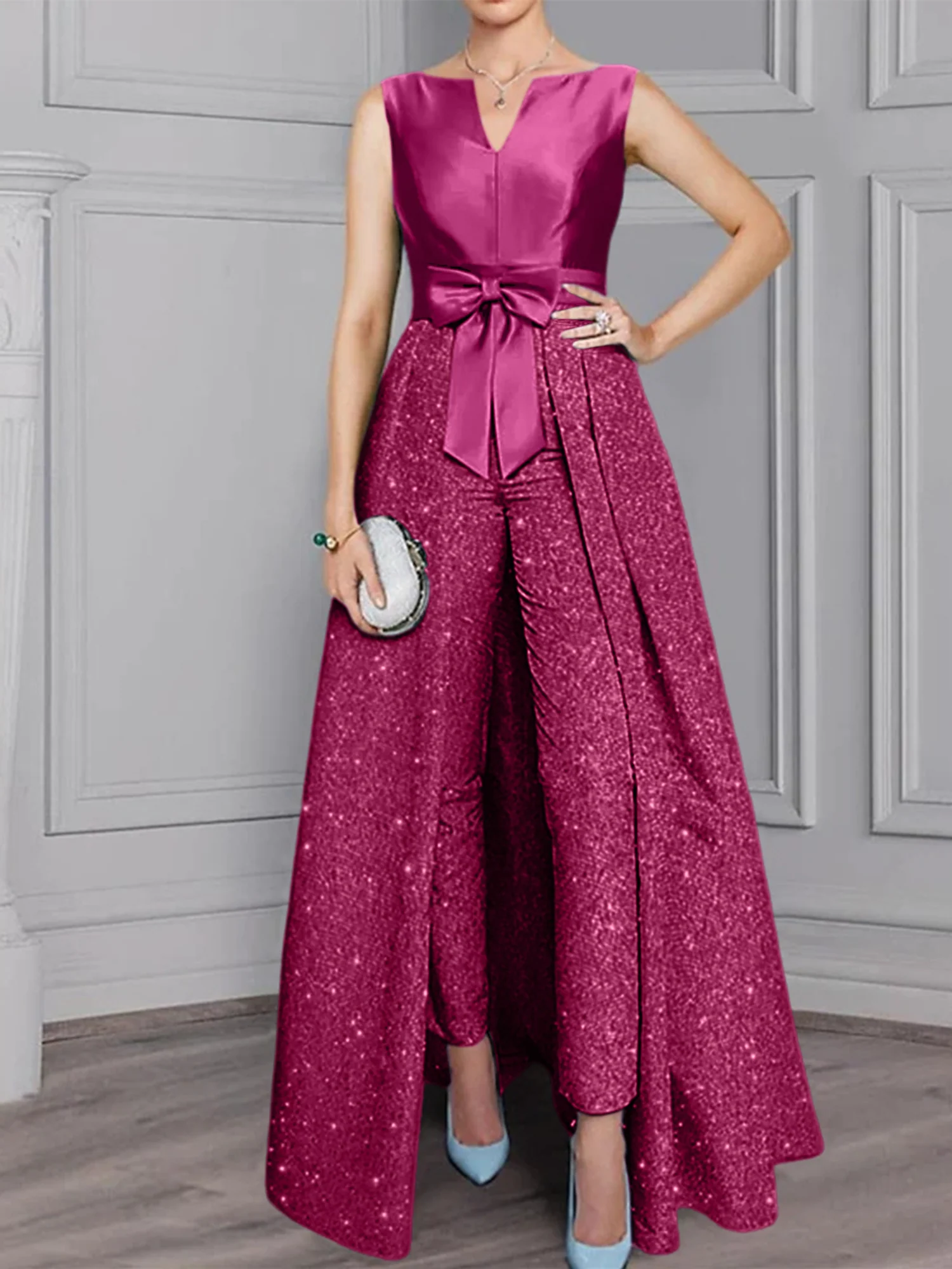 2 Pieces Scoop Long Sleeves Mother of the Bride Pantsuits with Sash & Sequins - Image 12