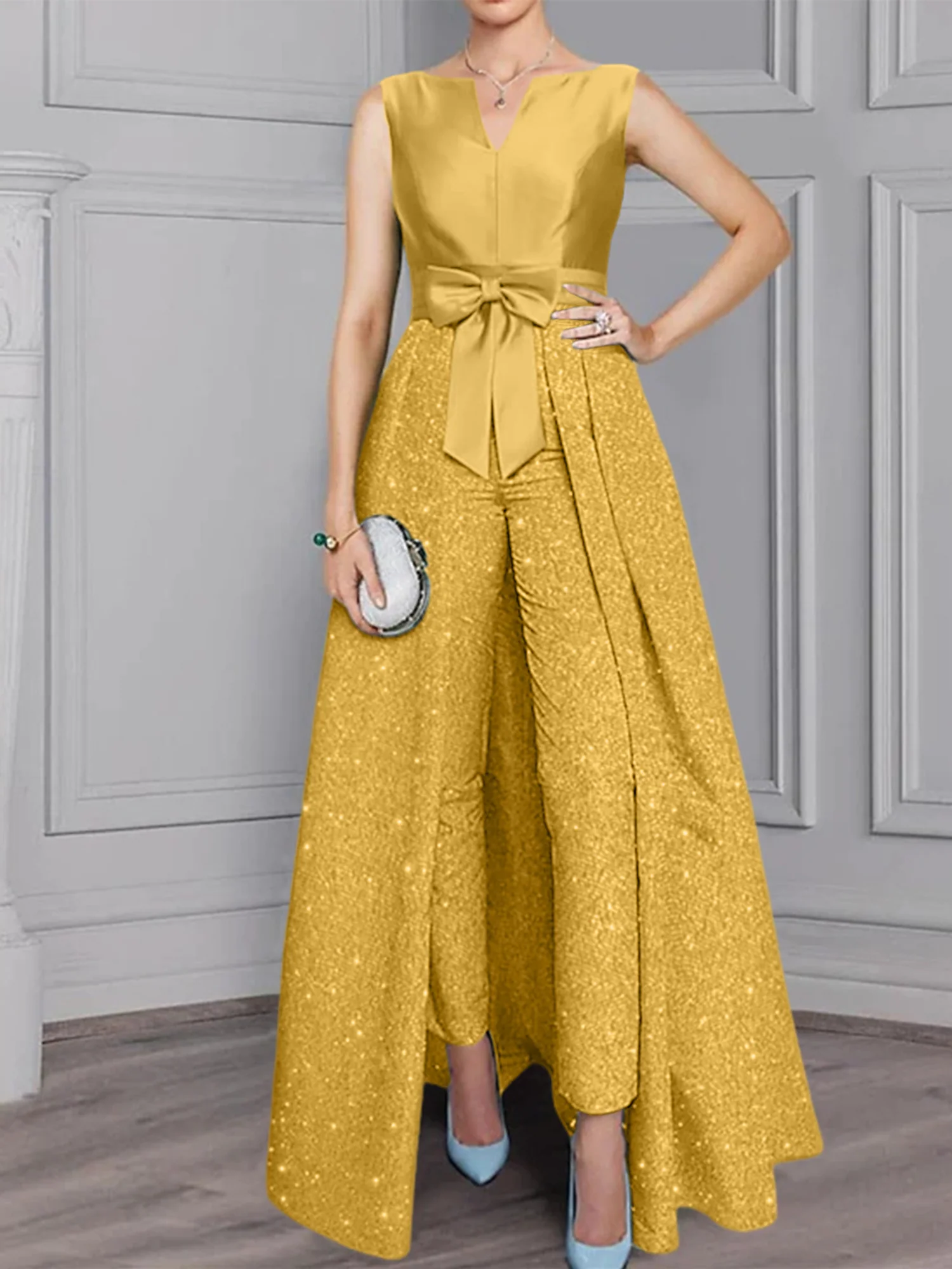 2 Pieces Scoop Long Sleeves Mother of the Bride Pantsuits with Sash & Sequins - Image 13