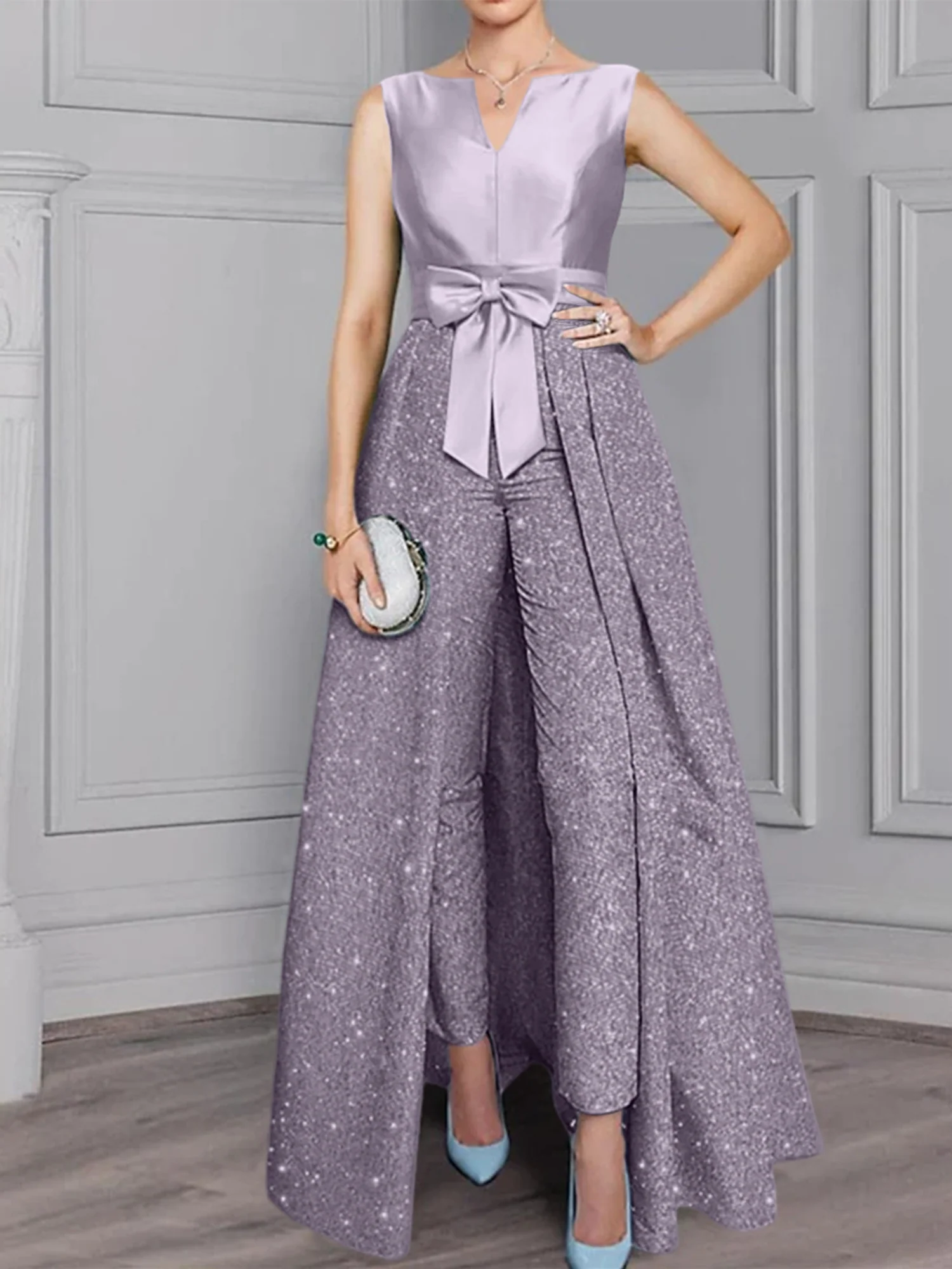 2 Pieces Scoop Long Sleeves Mother of the Bride Pantsuits with Sash & Sequins - Image 14