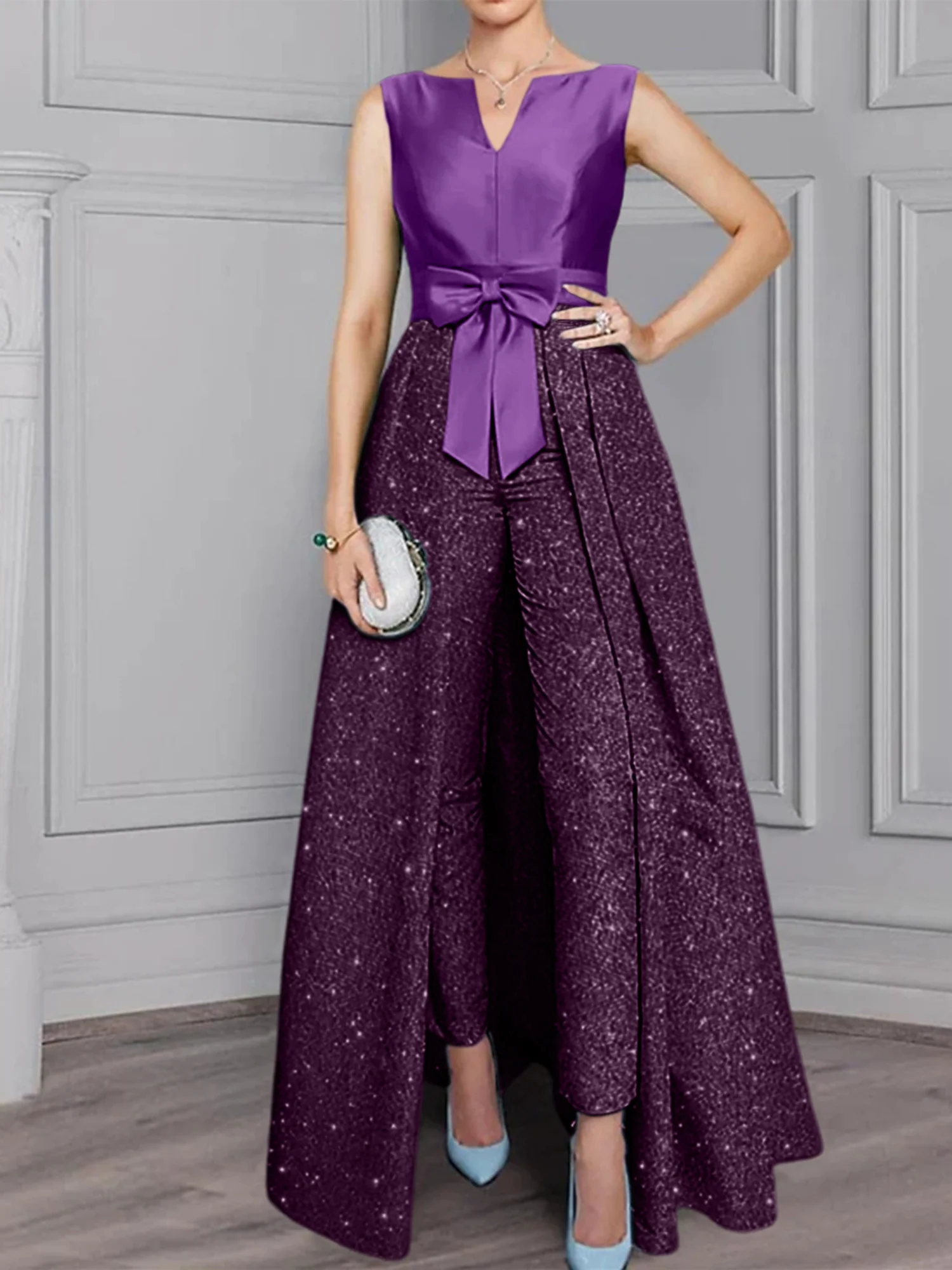 2 Pieces Scoop Long Sleeves Mother of the Bride Pantsuits with Sash & Sequins - Image 17