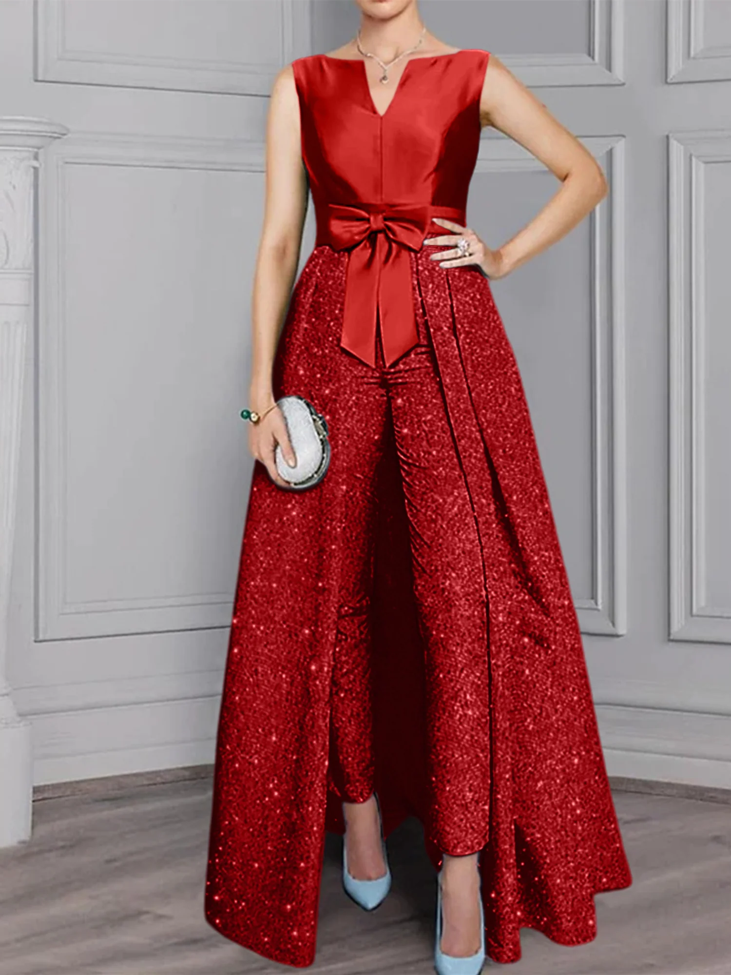 2 Pieces Scoop Long Sleeves Mother of the Bride Pantsuits with Sash & Sequins - Image 18