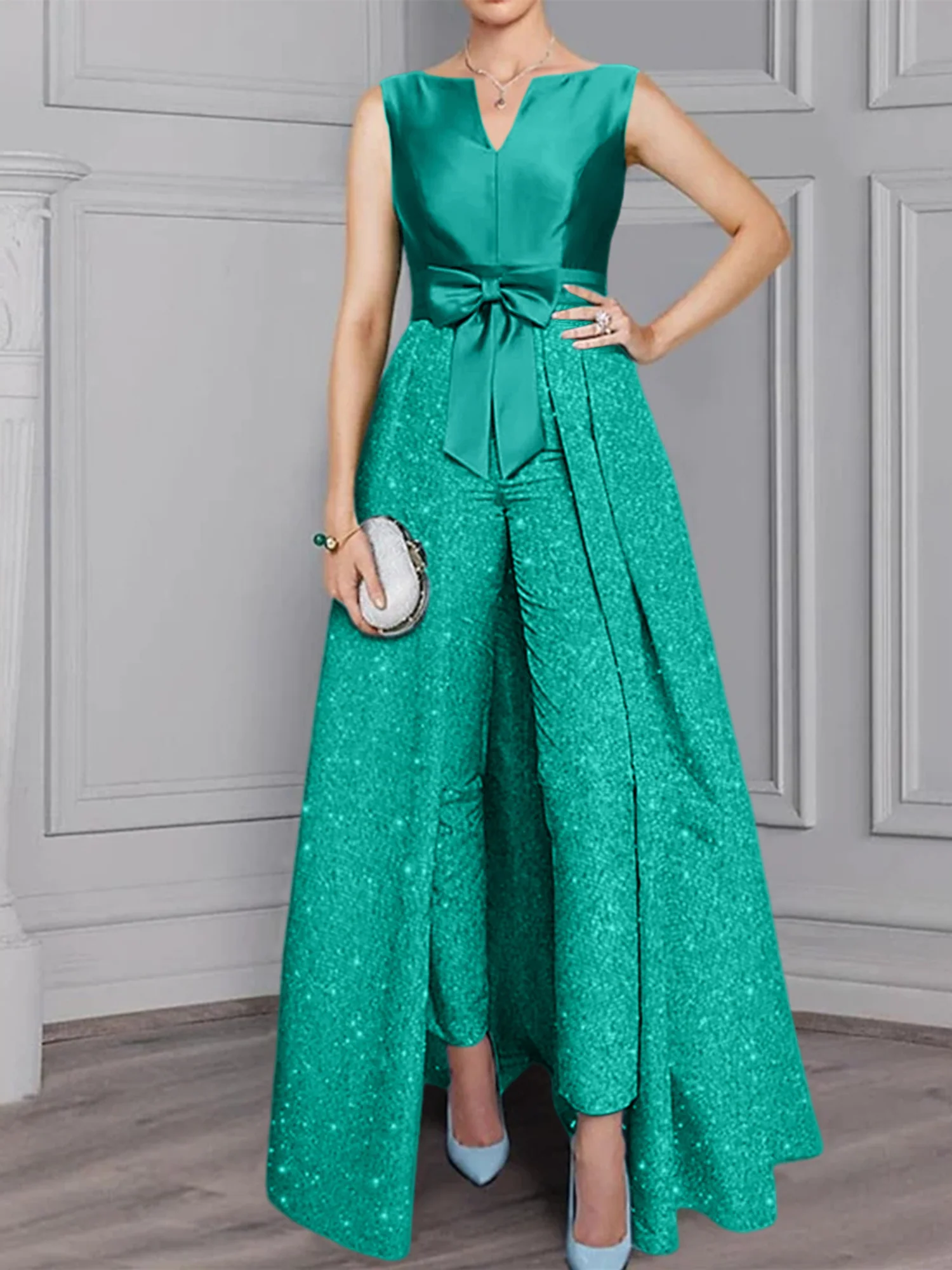 2 Pieces Scoop Long Sleeves Mother of the Bride Pantsuits with Sash & Sequins - Image 21