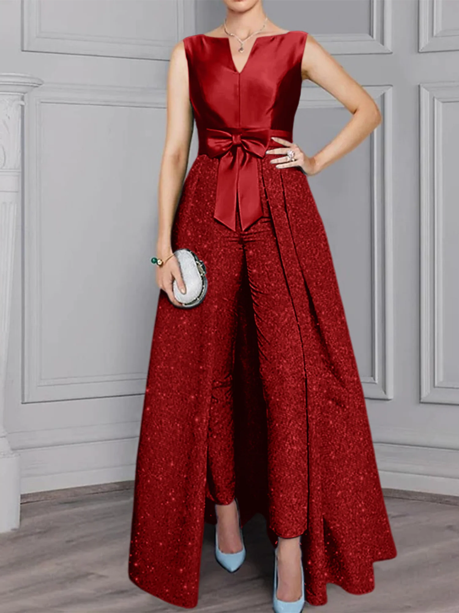 2 Pieces Scoop Long Sleeves Mother of the Bride Pantsuits with Sash & Sequins - Image 22
