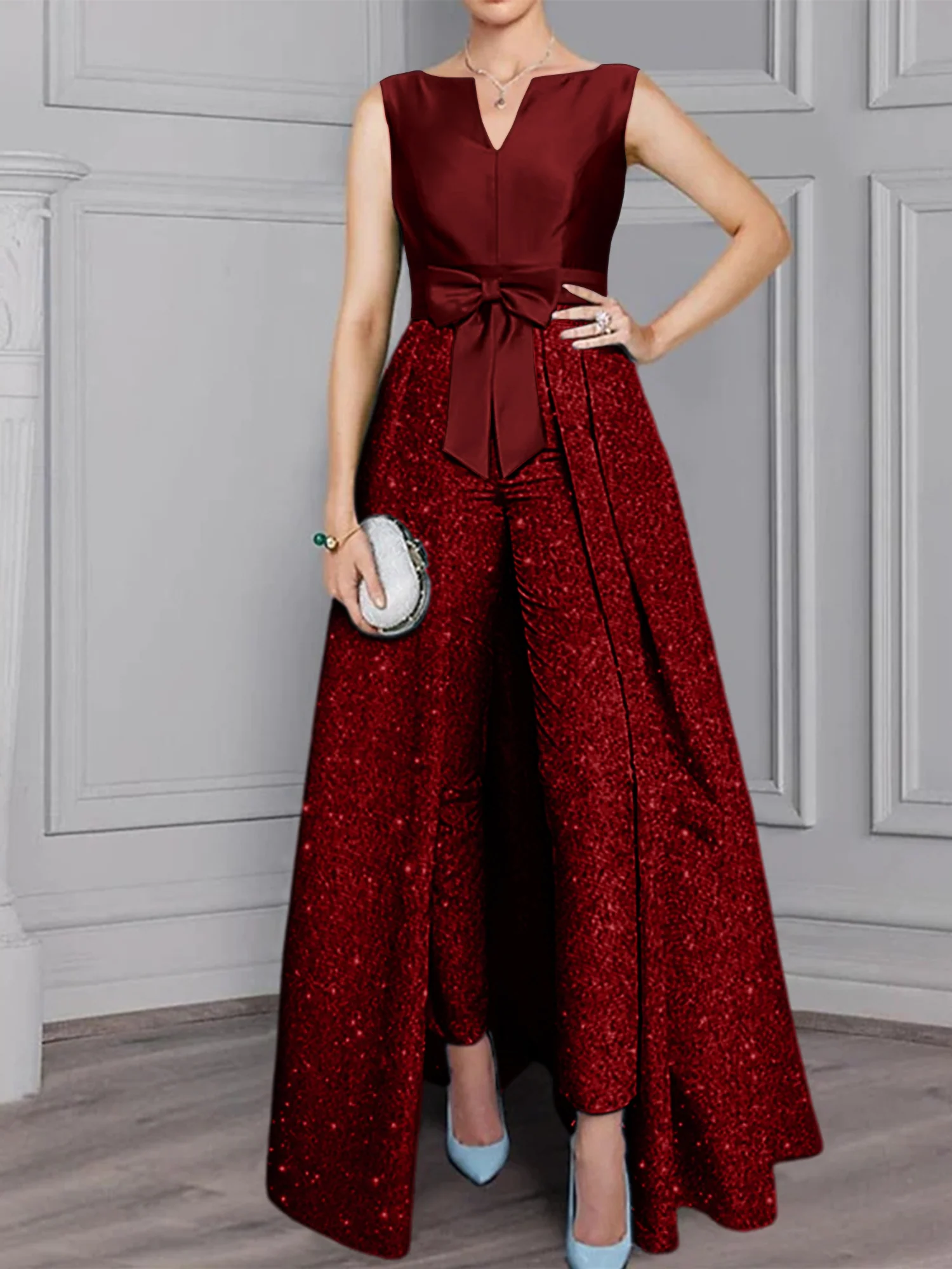2 Pieces Scoop Long Sleeves Mother of the Bride Pantsuits with Sash & Sequins - Image 4