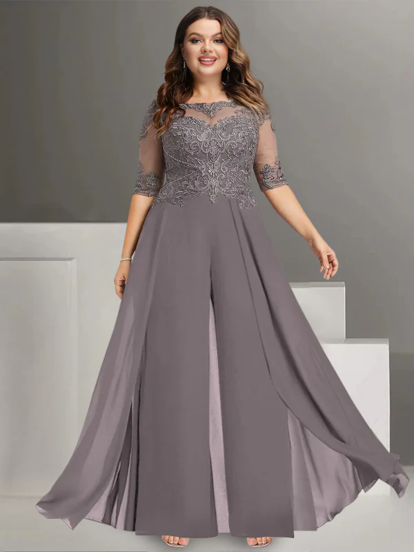 Chiffon Jewel Neck Half Sleeves Ankle-Length Mother of the Bride Pantsuits with Lace - Image 4