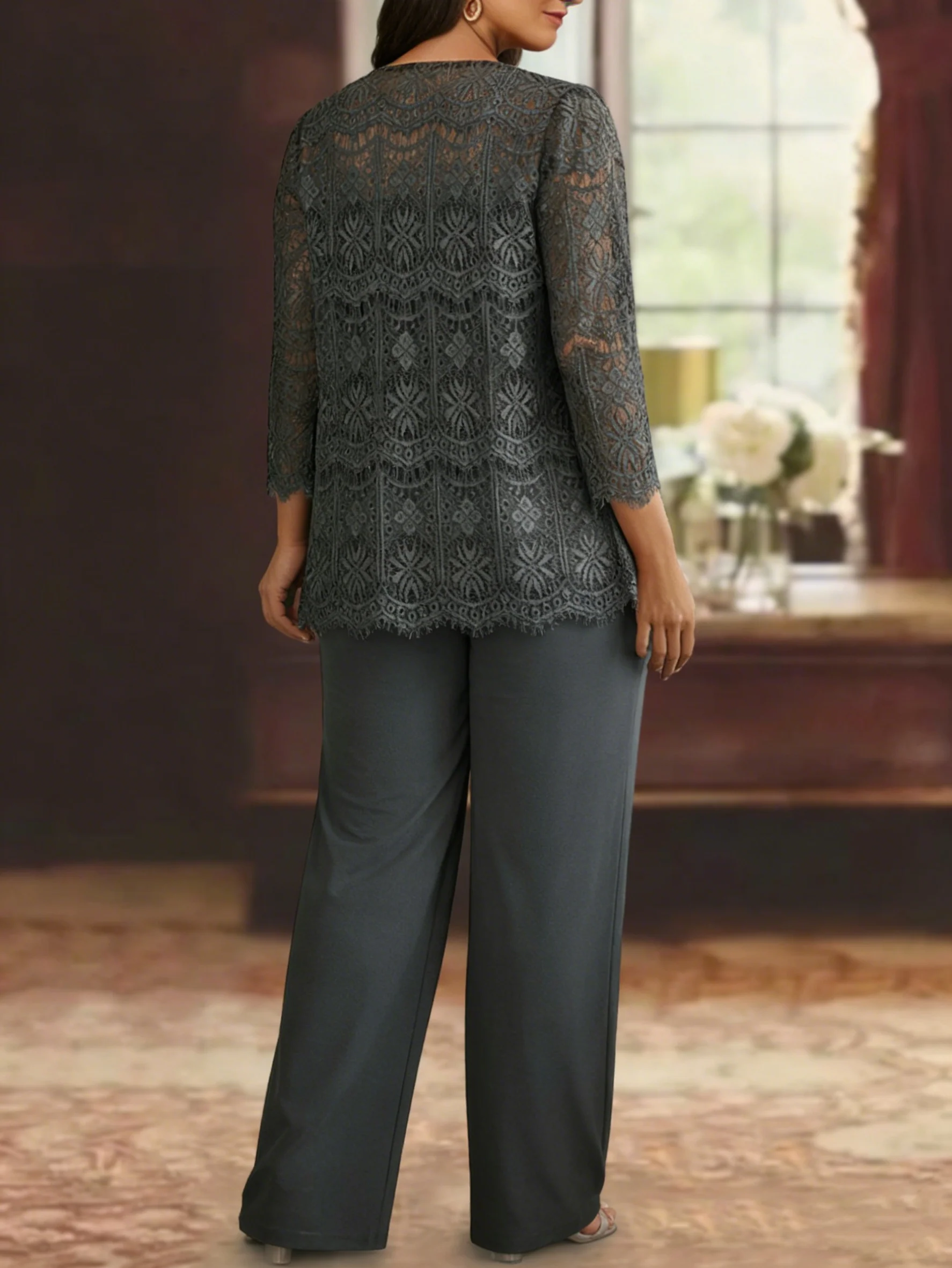 Chiffon Lace Scoop Plus Size Mother of the Bride Pantsuits with Jacket 3/4 Sleeves Ankle-Length - Image 2