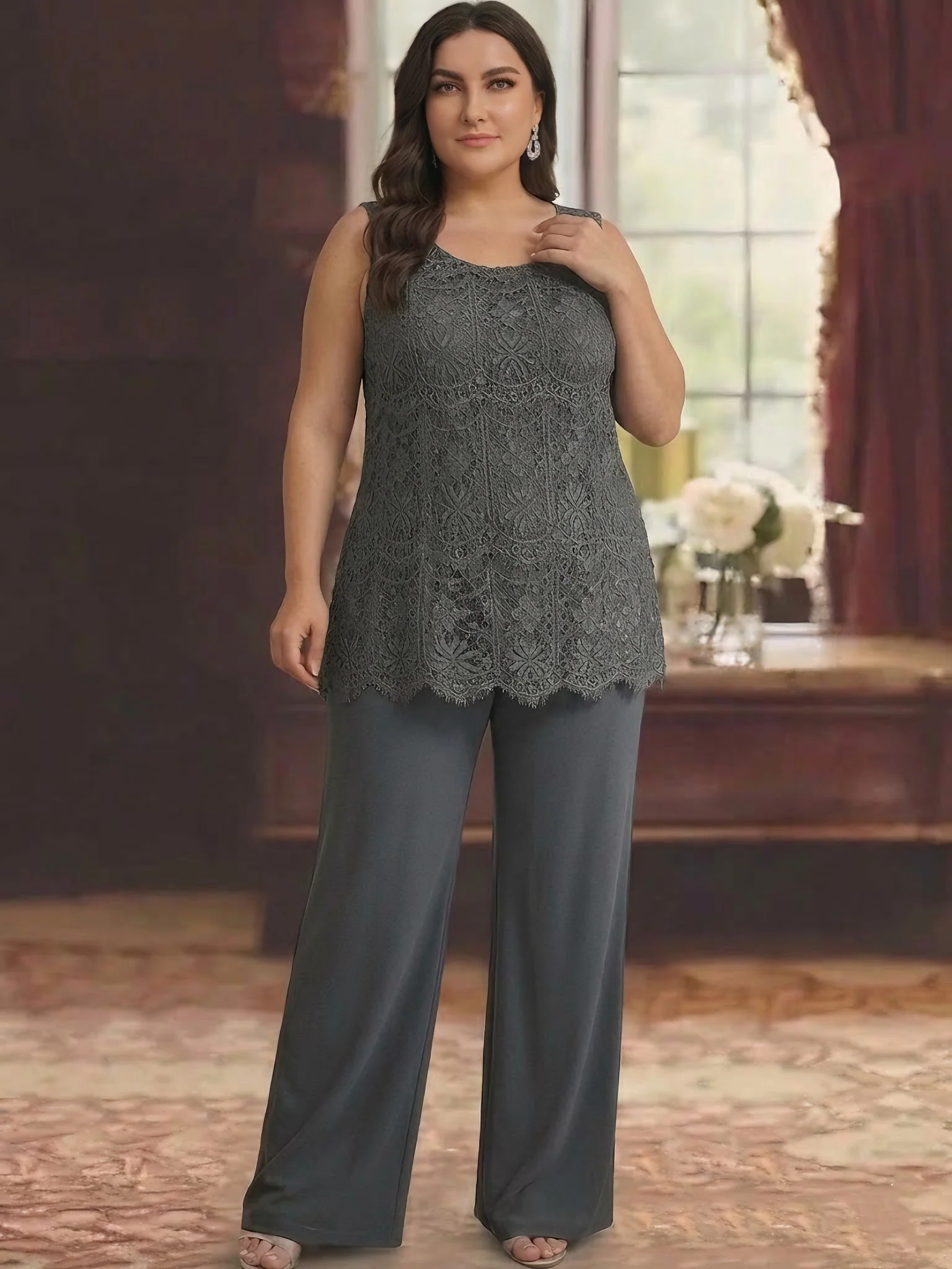 Chiffon Lace Scoop Plus Size Mother of the Bride Pantsuits with Jacket 3/4 Sleeves Ankle-Length - Image 3