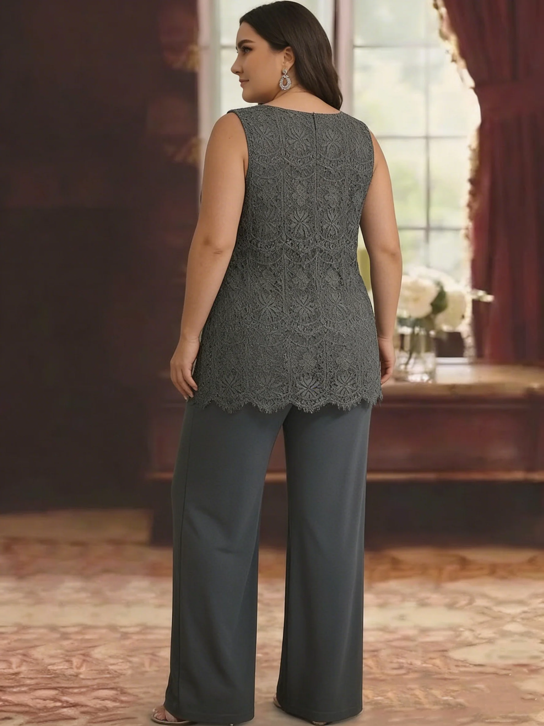 Chiffon Lace Scoop Plus Size Mother of the Bride Pantsuits with Jacket 3/4 Sleeves Ankle-Length - Image 4