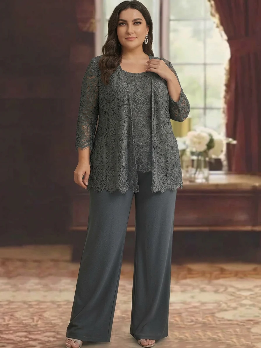 Chiffon Lace Scoop Plus Size Mother of the Bride Pantsuits with Jacket 3/4 Sleeves Ankle-Length - Image 5