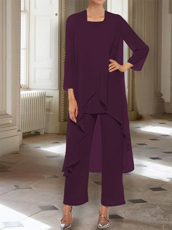 Chiffon Round Neck 3/4 Length Sleeves Ankle-Length Mother of the Bride Pantsuits with Jacket - Image 12