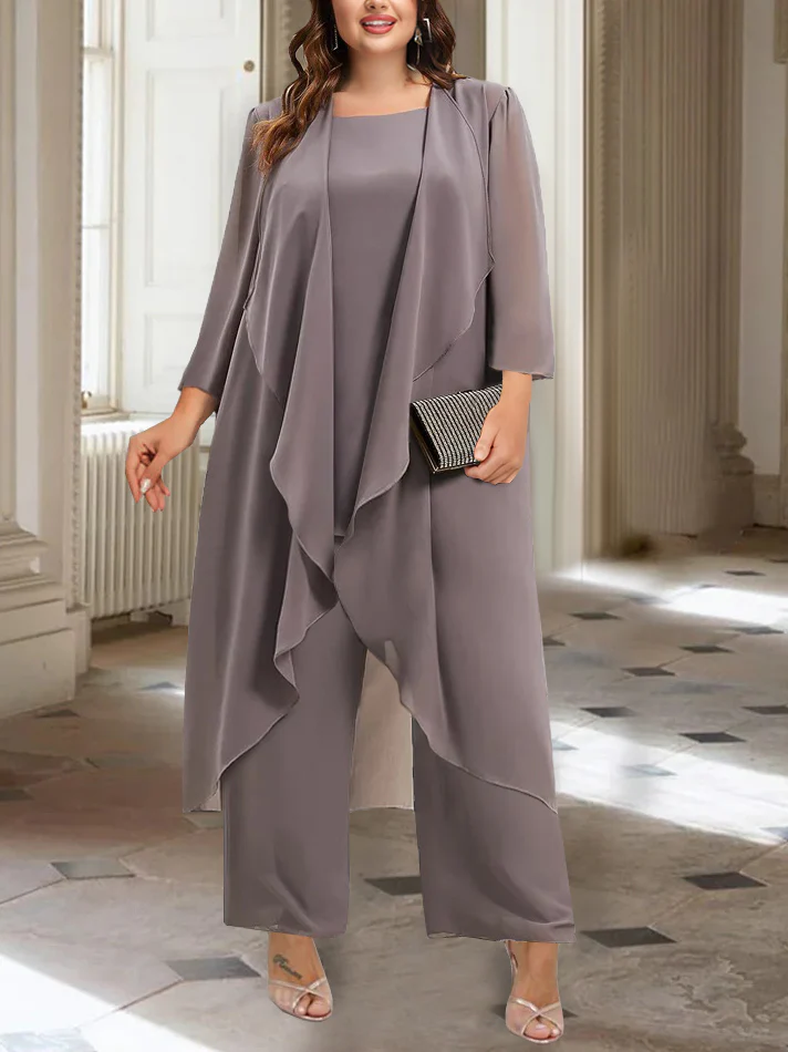 Chiffon Round Neck 3/4 Length Sleeves Ankle-Length Mother of the Bride Pantsuits with Jacket - Image 4