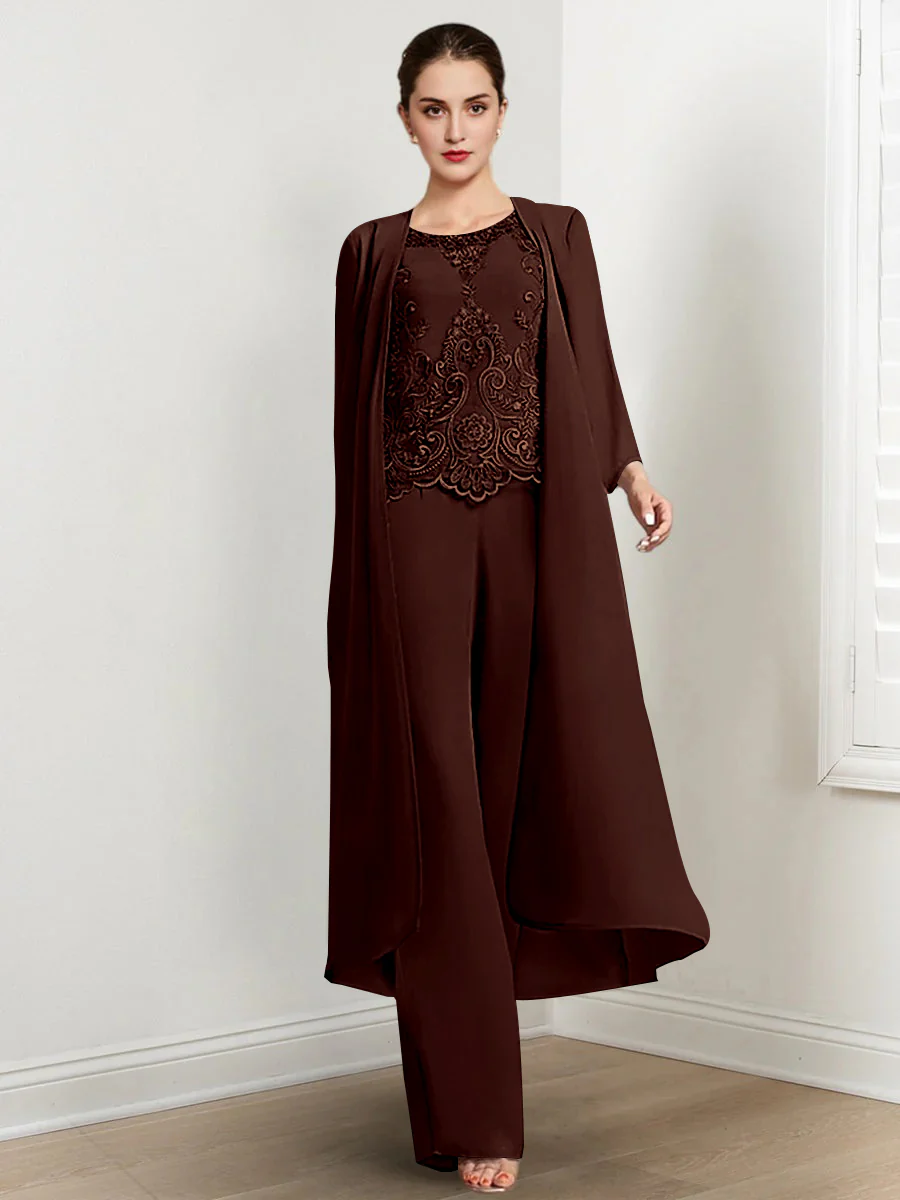 Chiffon Round Neck Floor-Length Mother Of The Bride Pantsuits With Jacket & Applique - Image 12