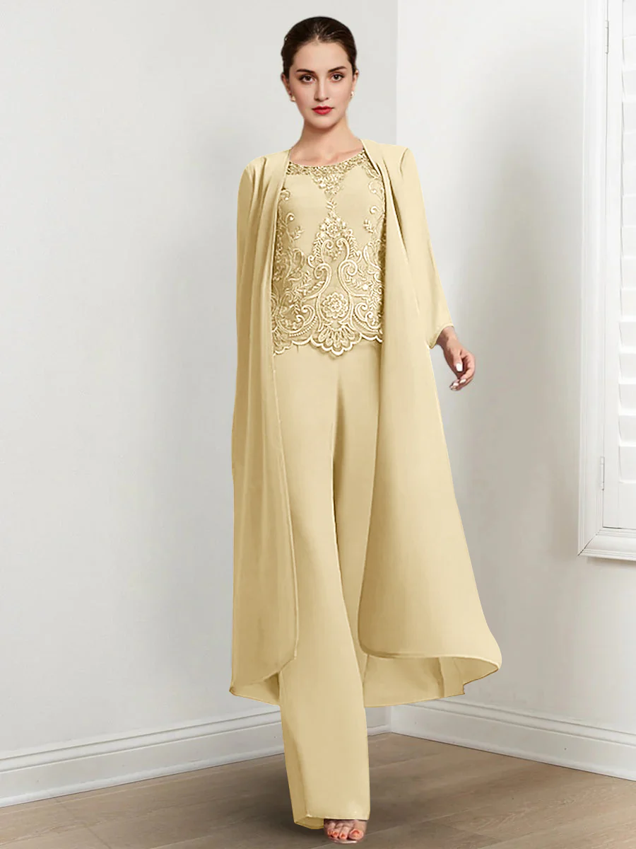 Chiffon Round Neck Floor-Length Mother Of The Bride Pantsuits With Jacket & Applique - Image 15