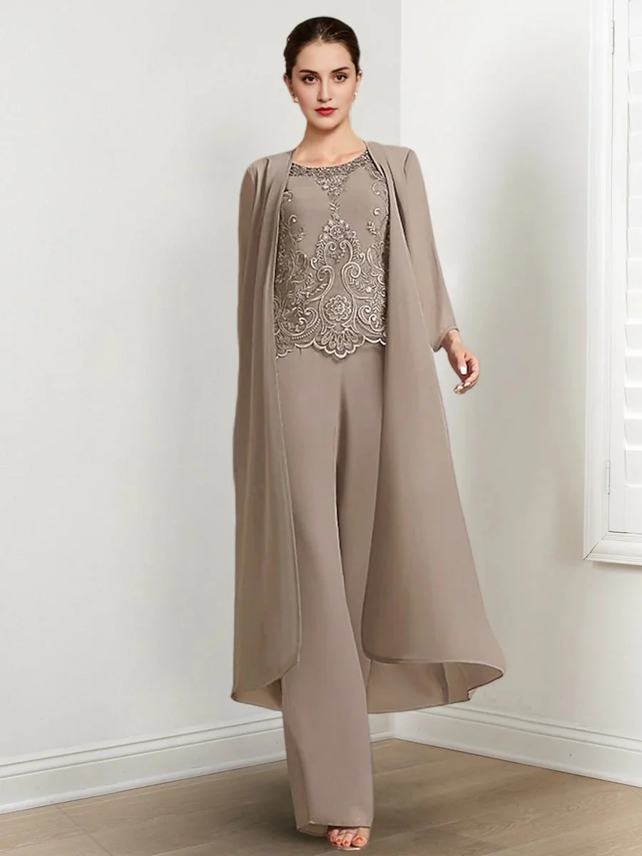 Chiffon Round Neck Floor-Length Mother Of The Bride Pantsuits With Jacket & Applique - Image 2
