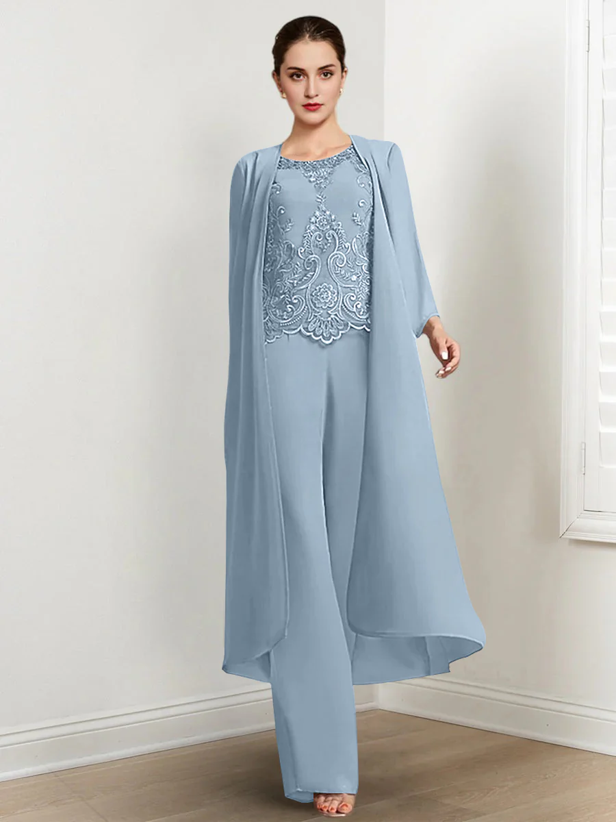 Chiffon Round Neck Floor-Length Mother Of The Bride Pantsuits With Jacket & Applique - Image 23